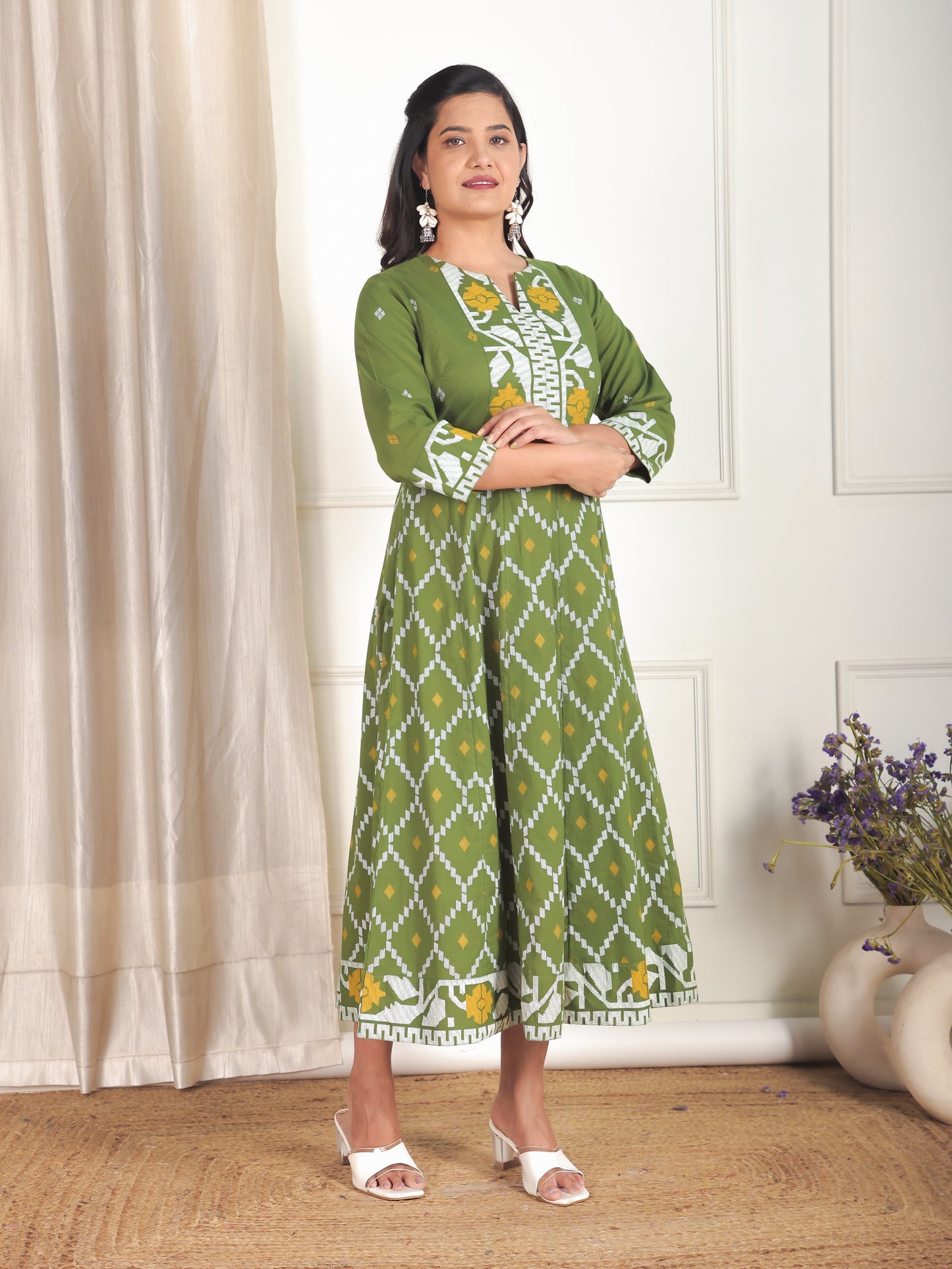 Soft Cotton Geometric Flared Green Dress