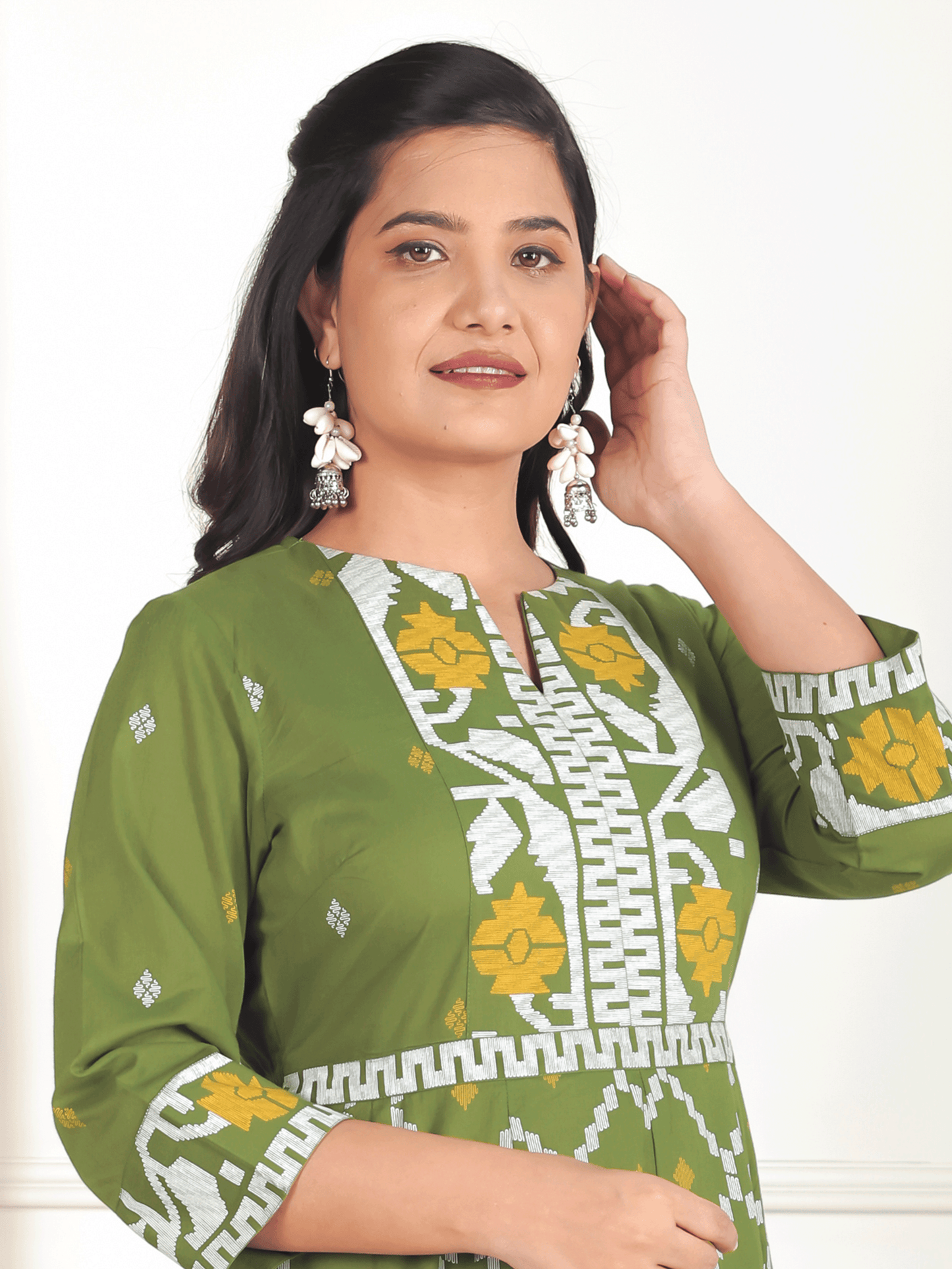 Soft Cotton Geometric Flared Green Dress