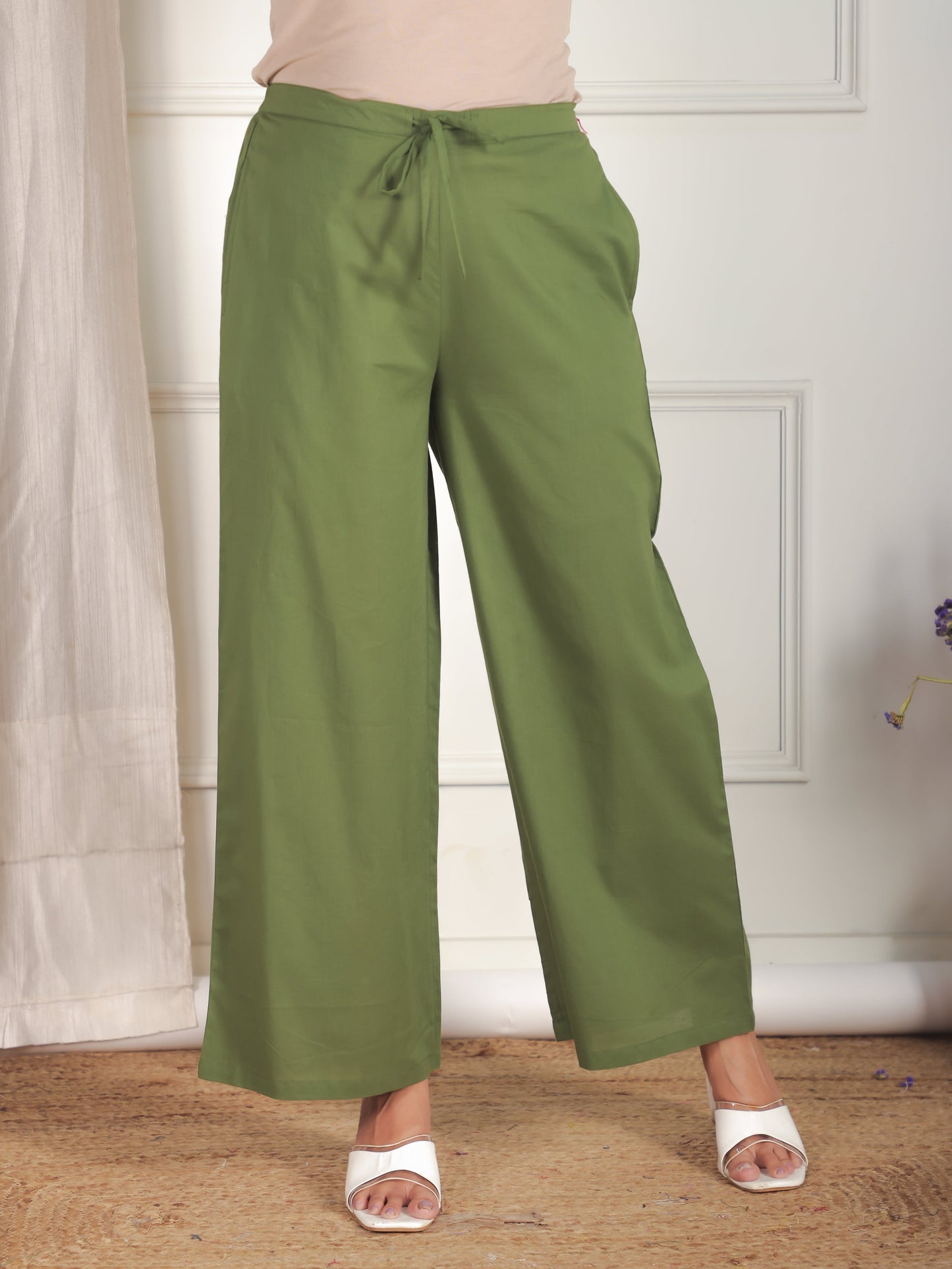 Soft Cotton Solid Green Palazzo