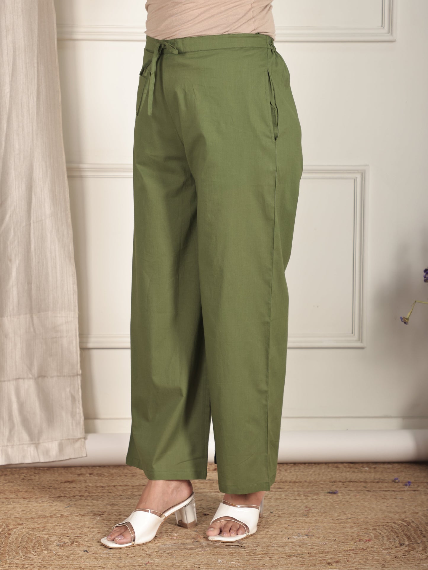 Soft Cotton Solid Green Palazzo