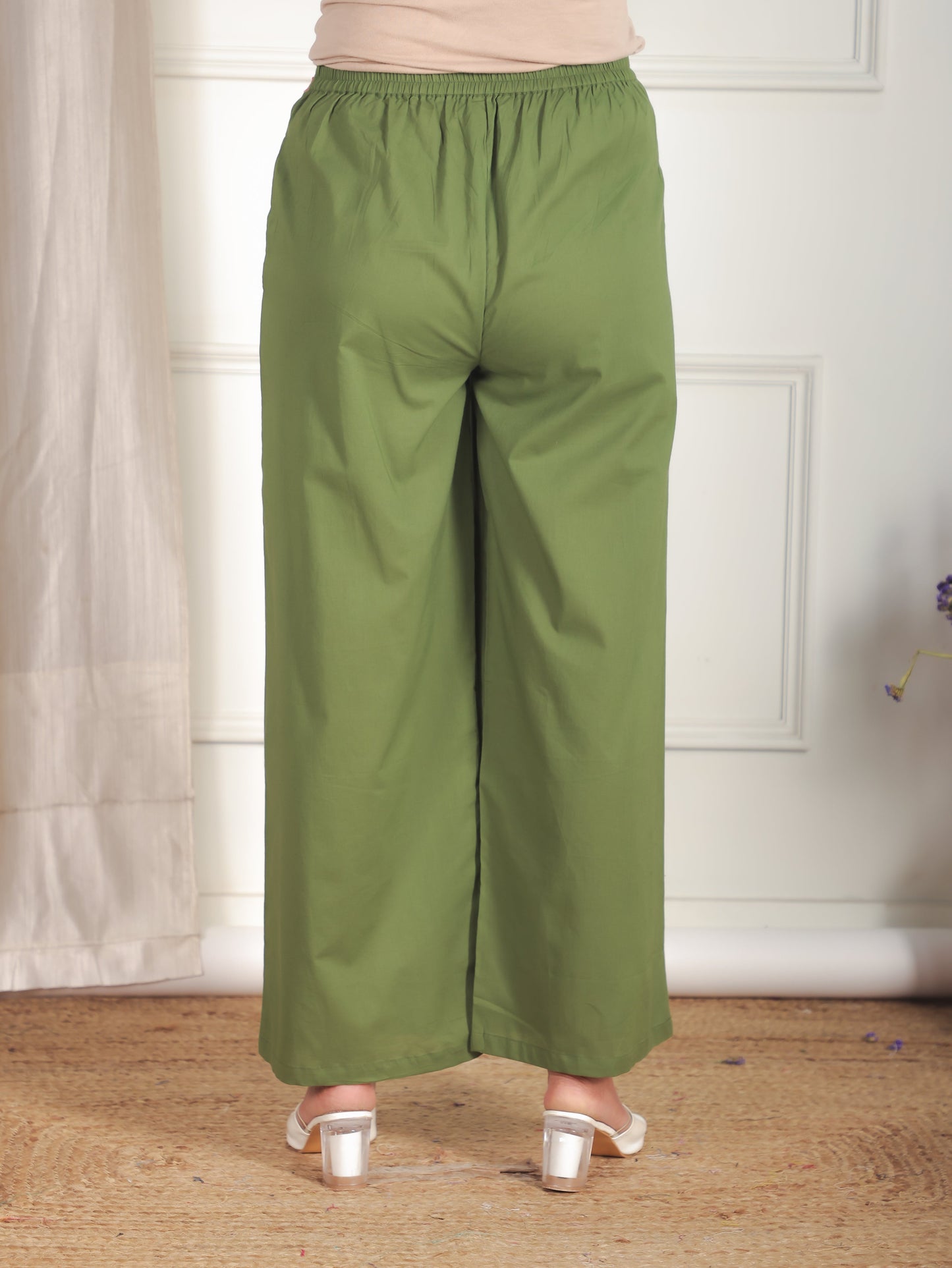 Soft Cotton Solid Green Palazzo