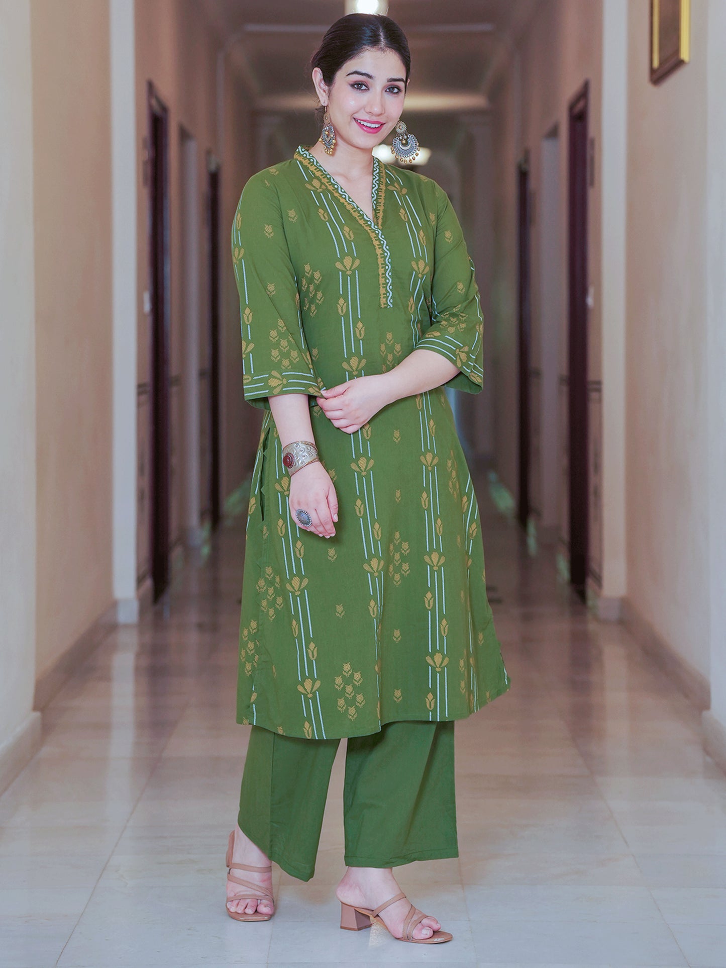 Soft Cotton Geometric A-line Green Kurta