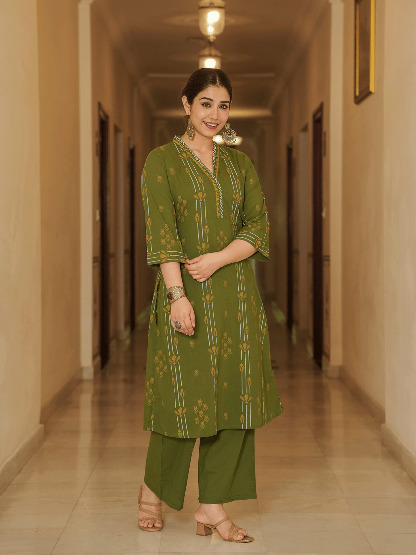 Soft Cotton Geometric A-line Green Kurta