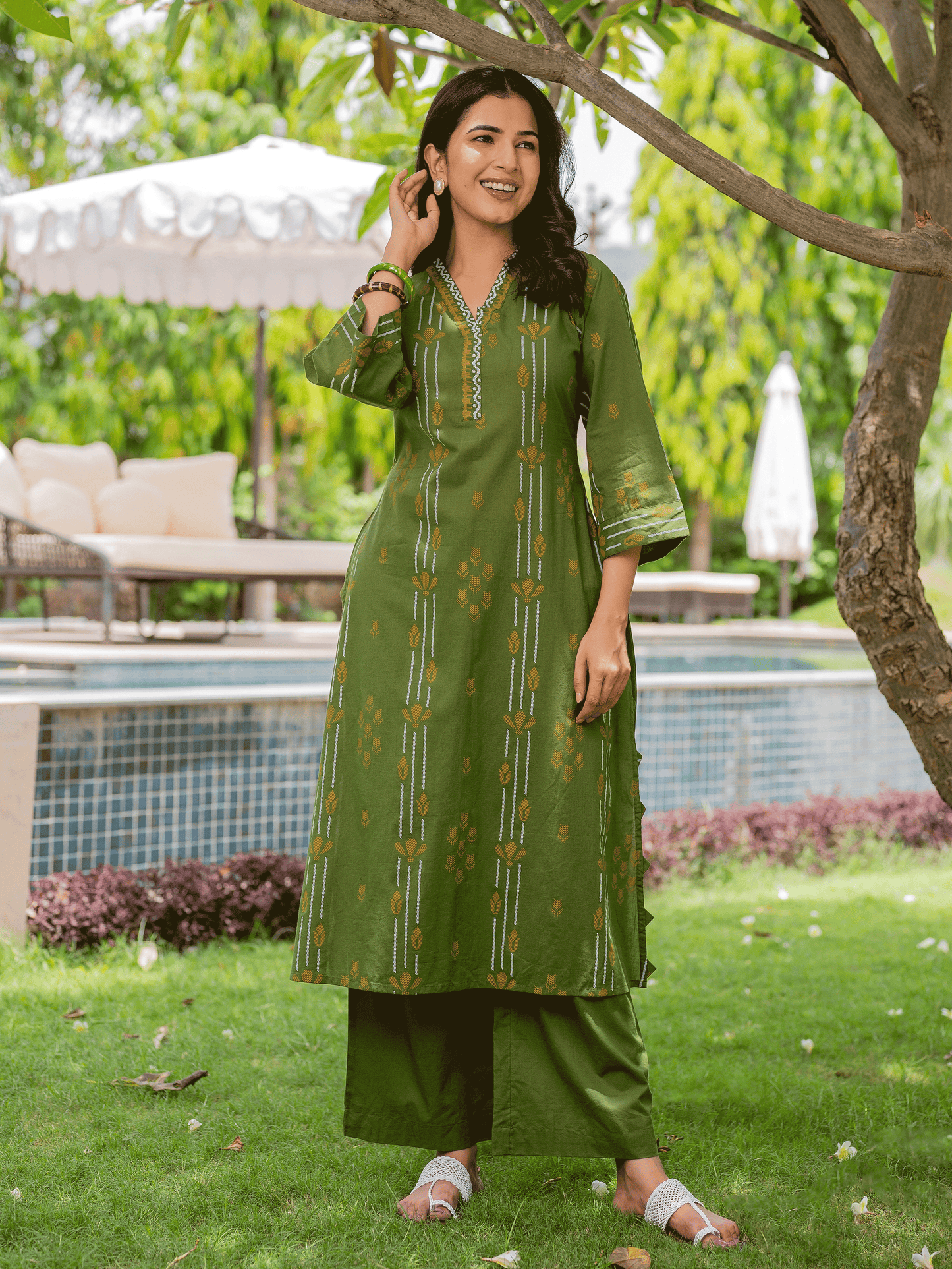 Soft Cotton Geometric A-line Green Kurta
