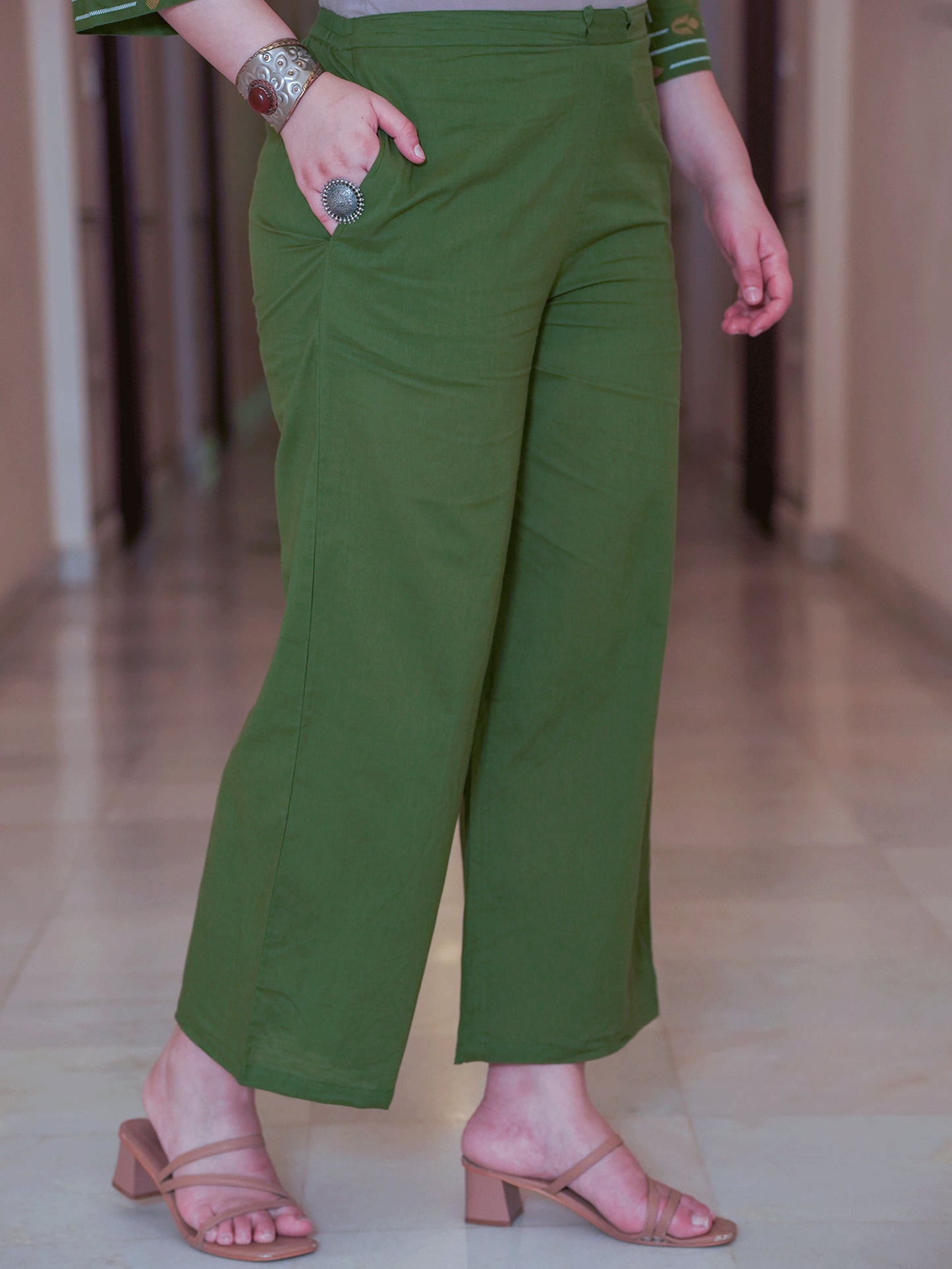 Soft Cotton Geometric A-line Green Kurta