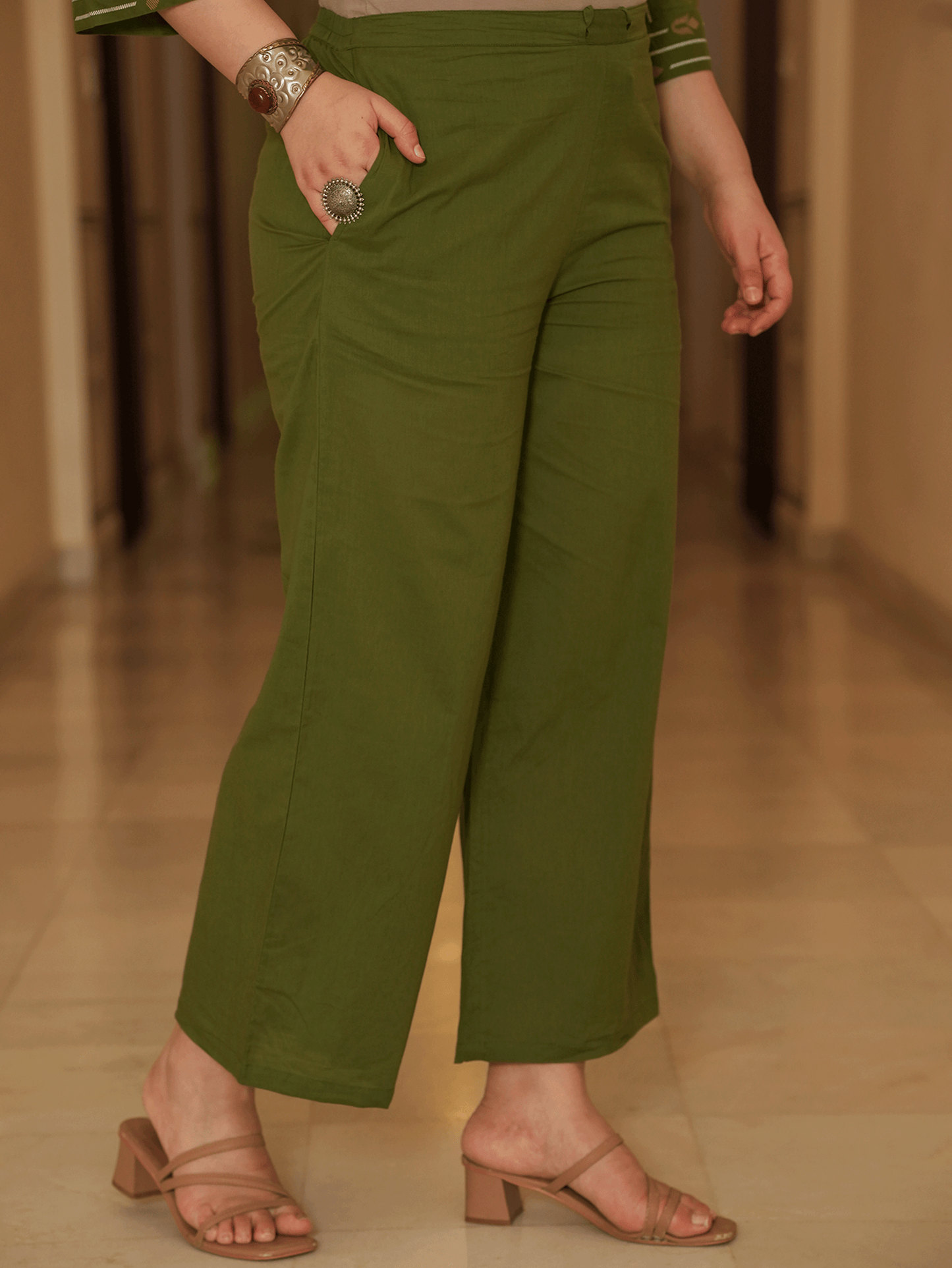 Soft Cotton Geometric A-line Green Kurta