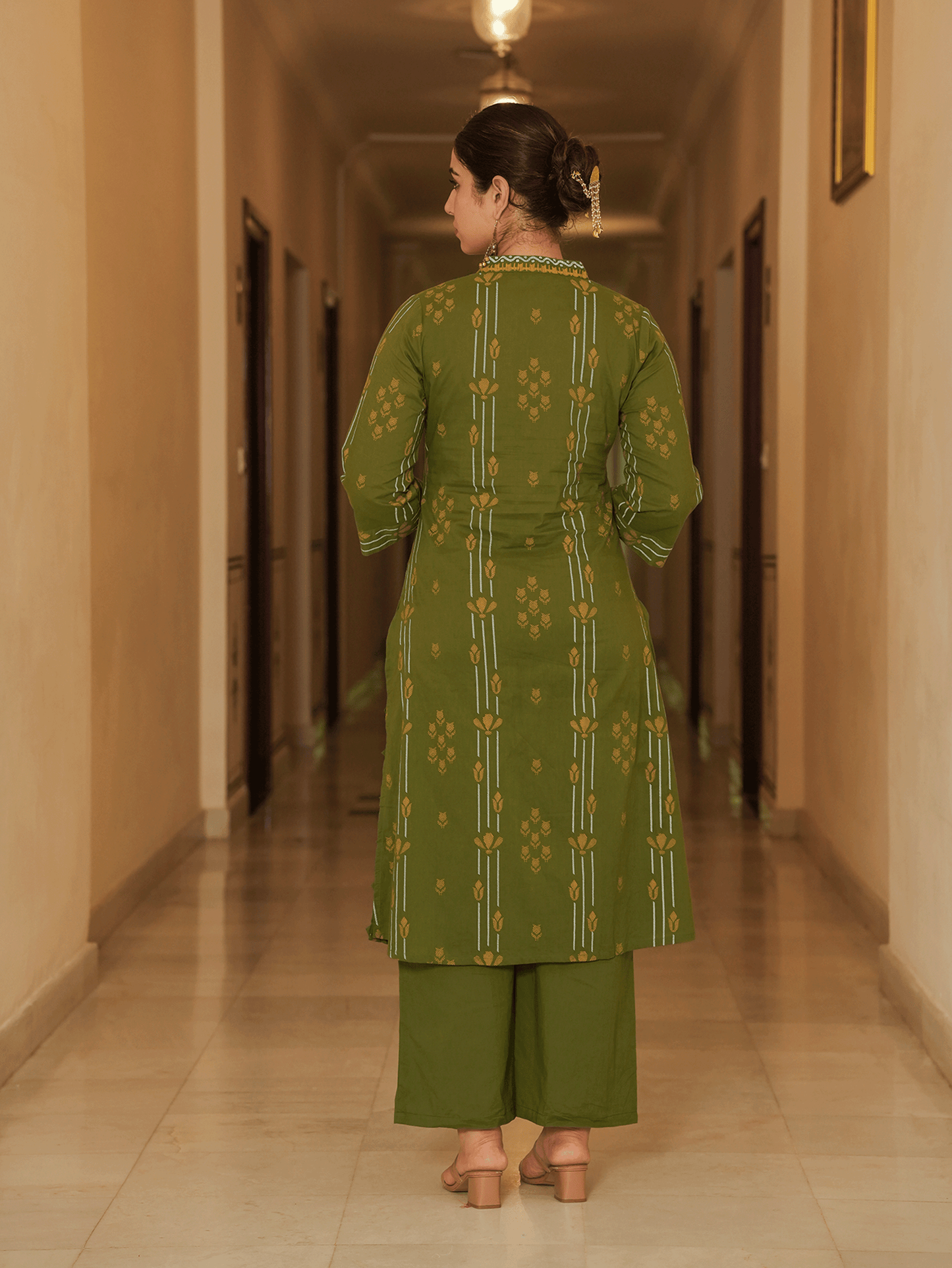 Soft Cotton Geometric A-line Green Kurta