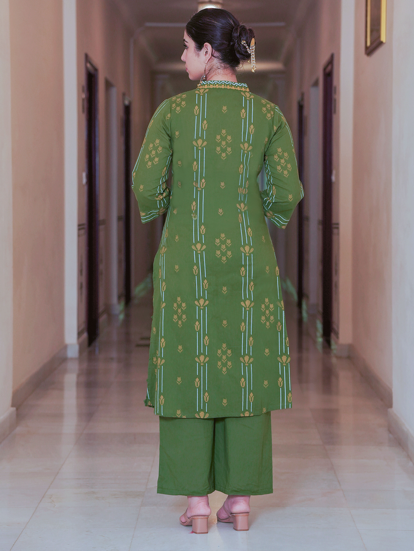 Soft Cotton Geometric A-line Green Kurta