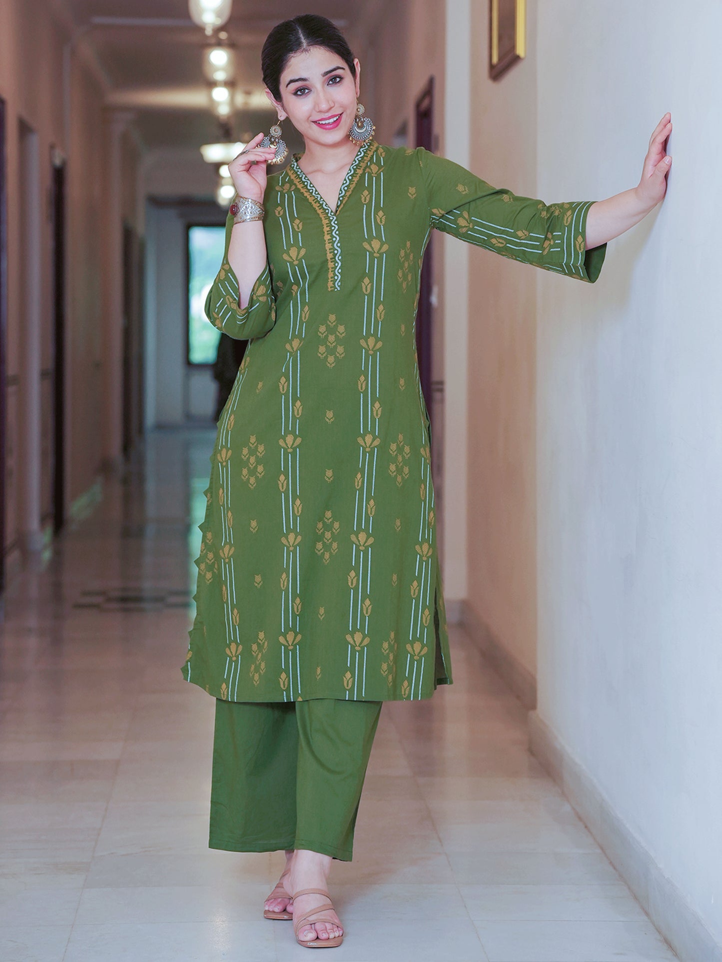 Soft Cotton Geometric A-line Green Kurta