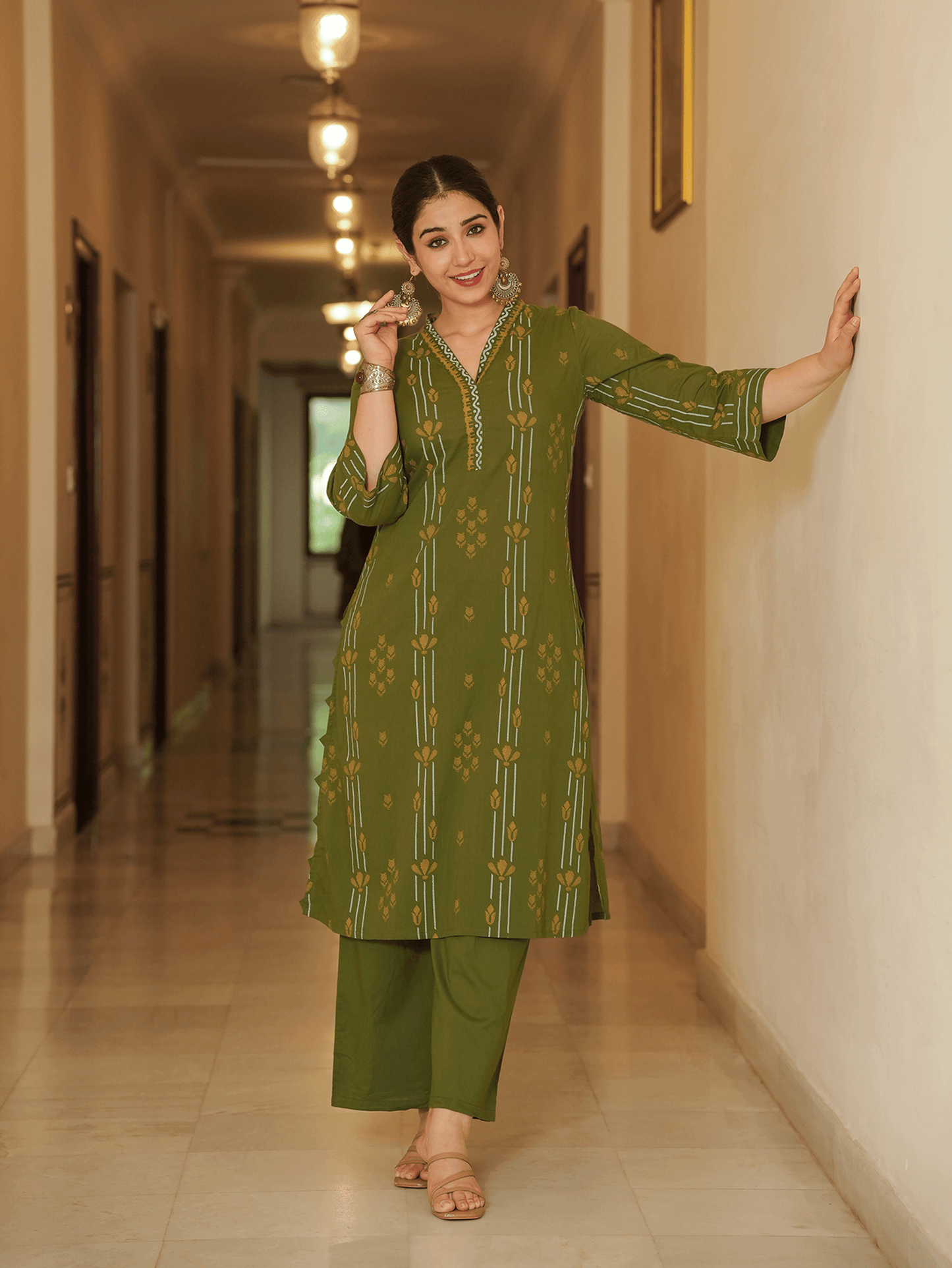 Soft Cotton Geometric A-line Green Kurta