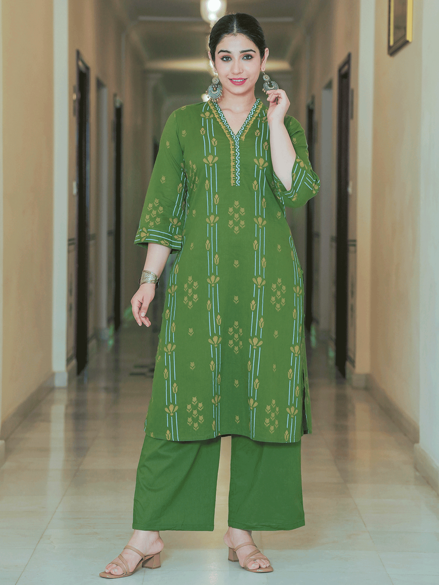 Soft Cotton Geometric A-line Green Kurta