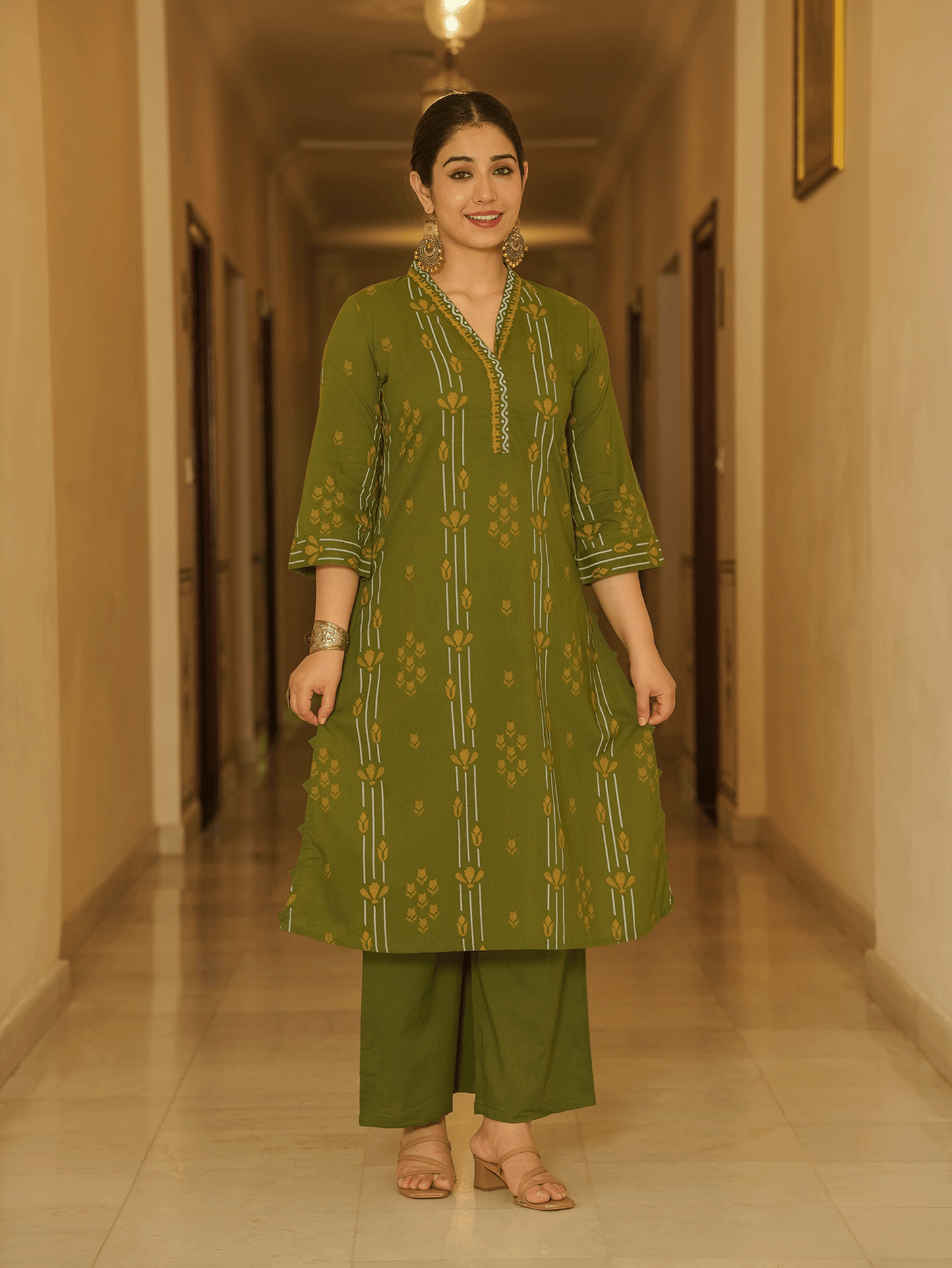 Soft Cotton Geometric A-line Green Kurta