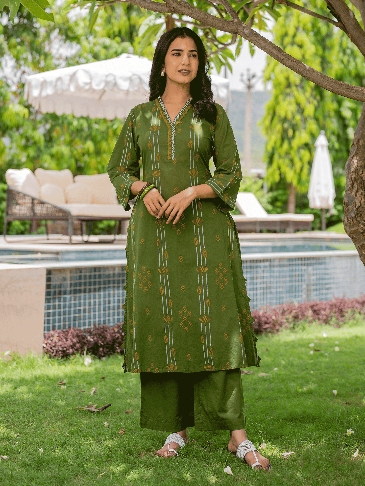 Soft Cotton Geometric A-line Green Kurta