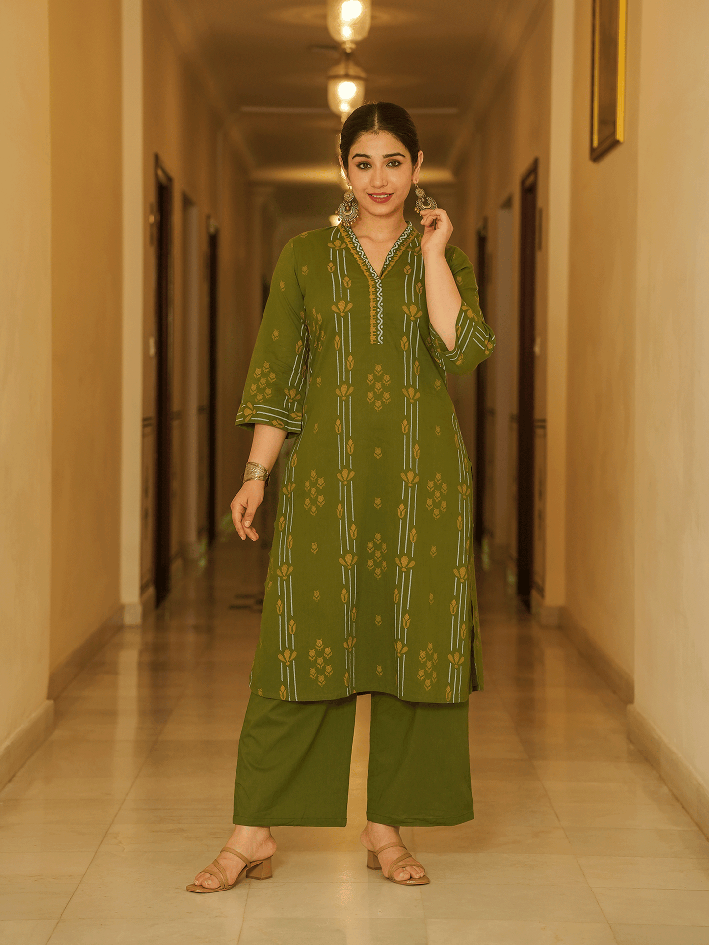 Soft Cotton Geometric A-line Green Kurta