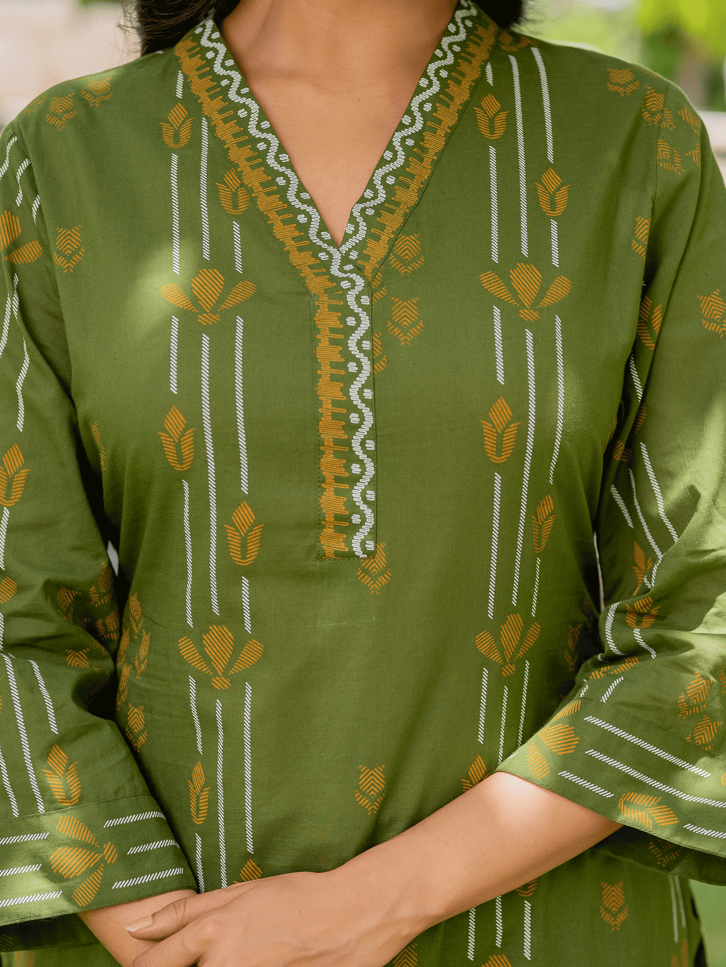 Soft Cotton Geometric A-line Green Kurta