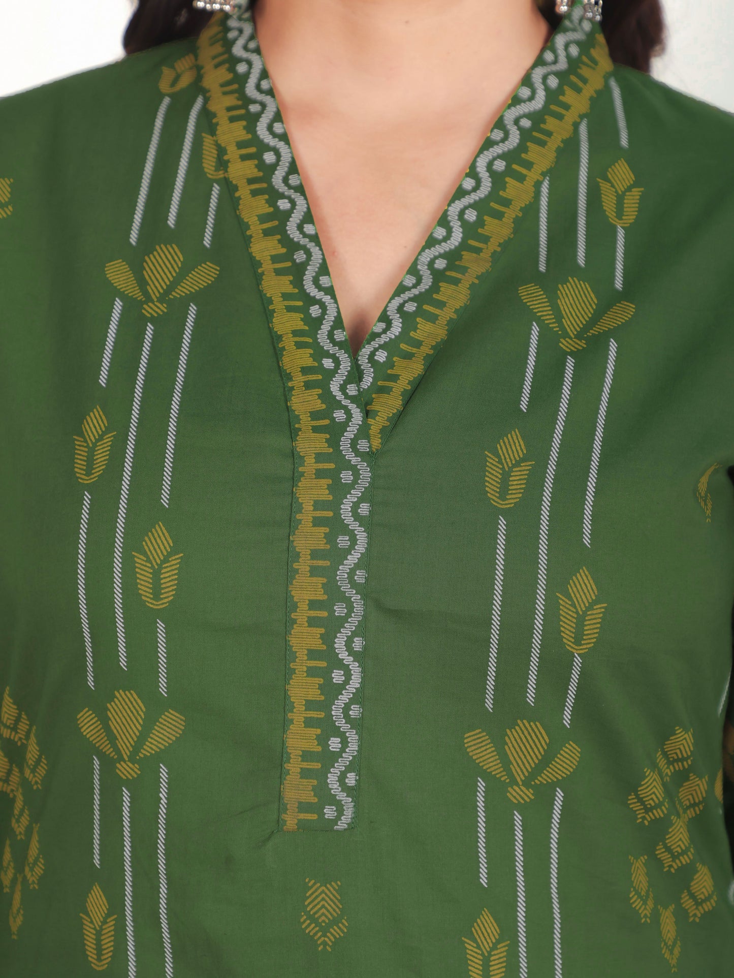 Soft Cotton Geometric A-line Green Kurta