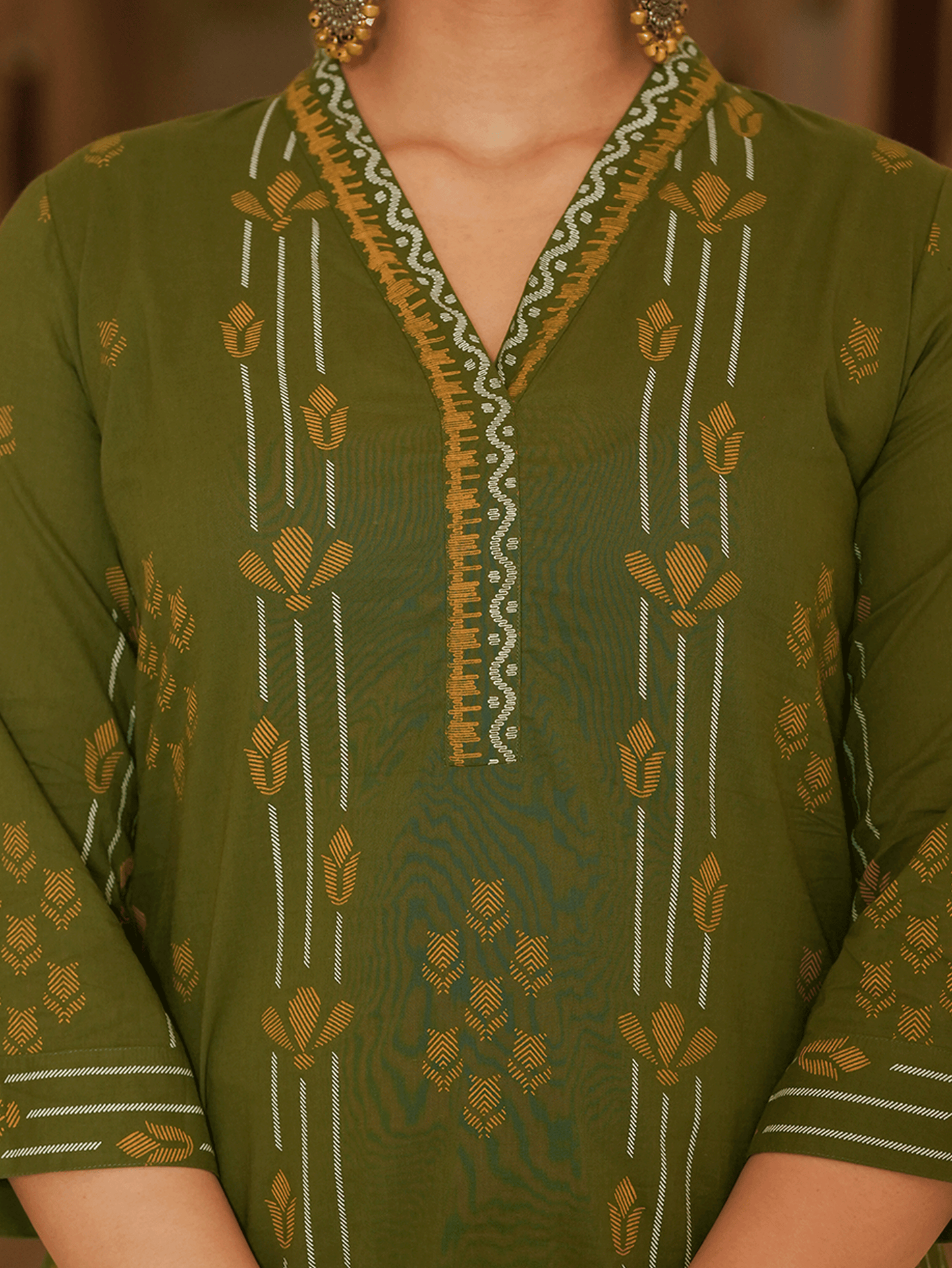 Soft Cotton Geometric A-line Green Kurta