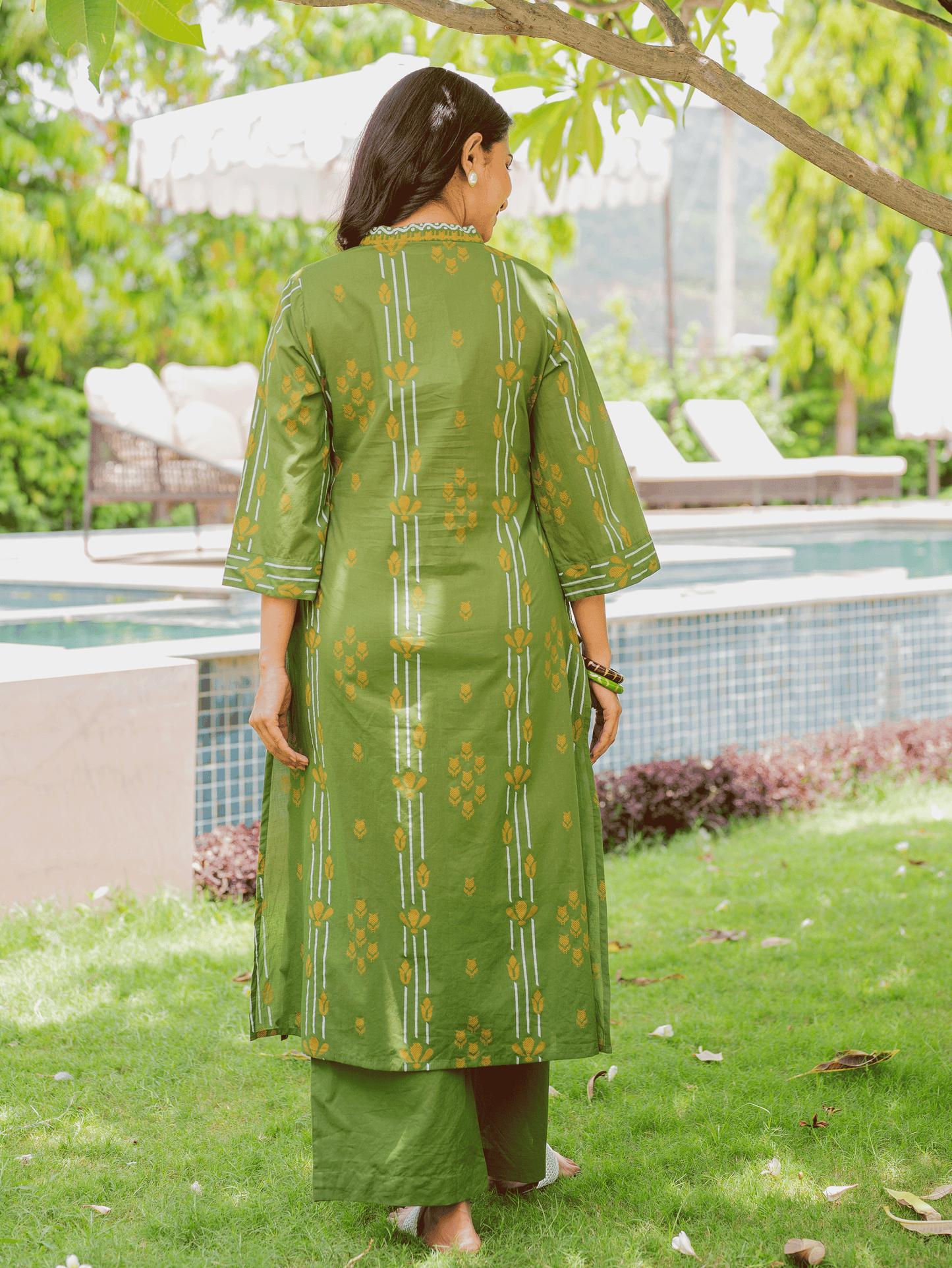 Soft Cotton Geometric A-line Green Kurta