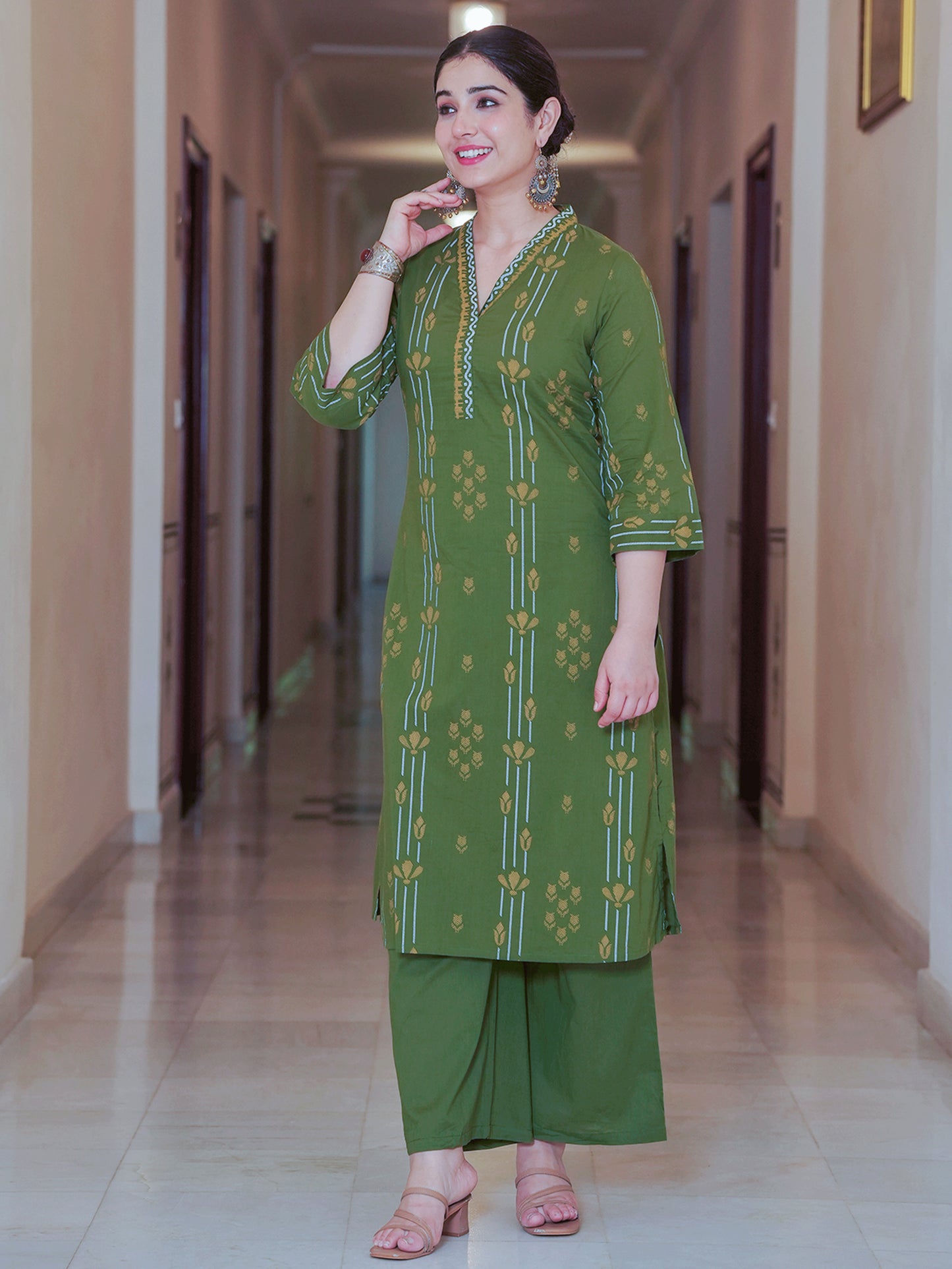 Soft Cotton Geometric A-line Green Kurta
