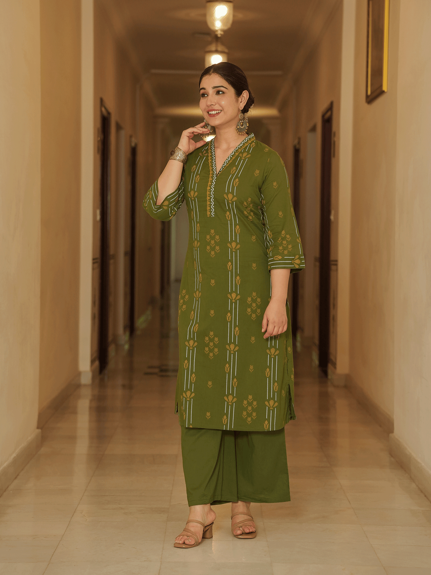 Soft Cotton Geometric A-line Green Kurta