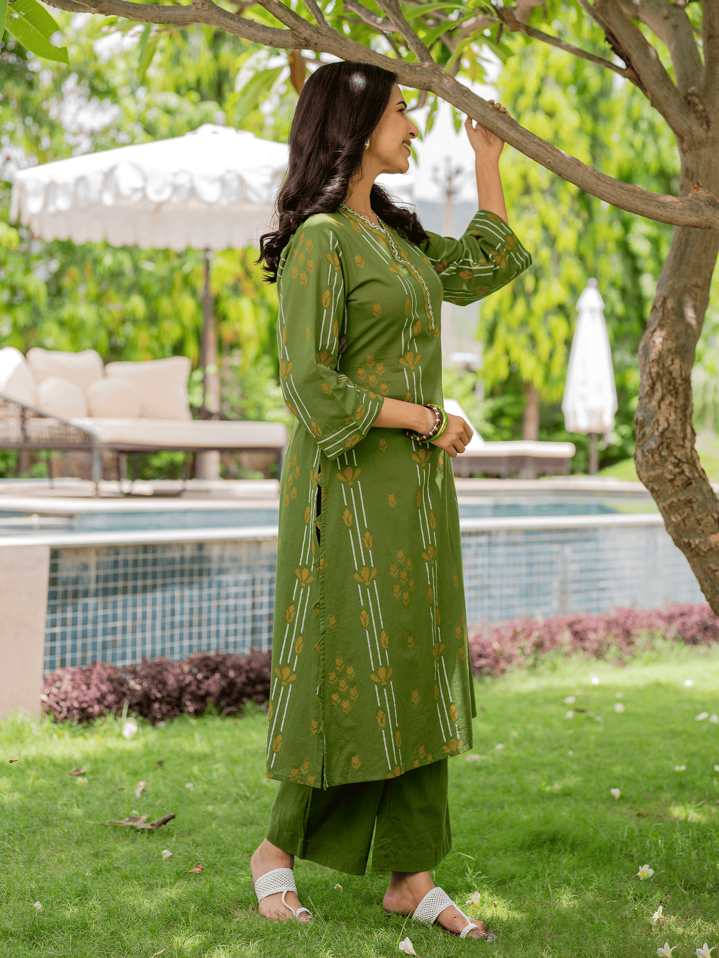 Soft Cotton Geometric A-line Green Kurta