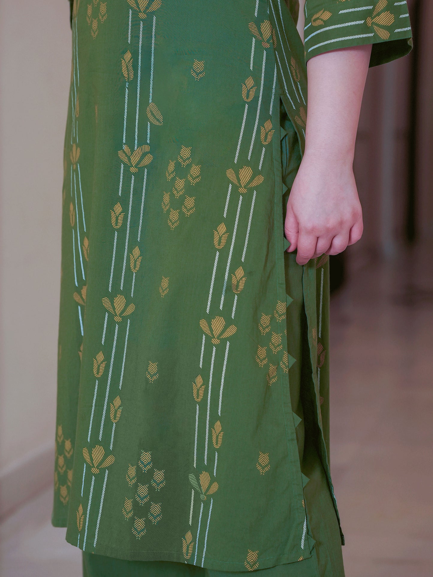 Soft Cotton Geometric A-line Green Kurta
