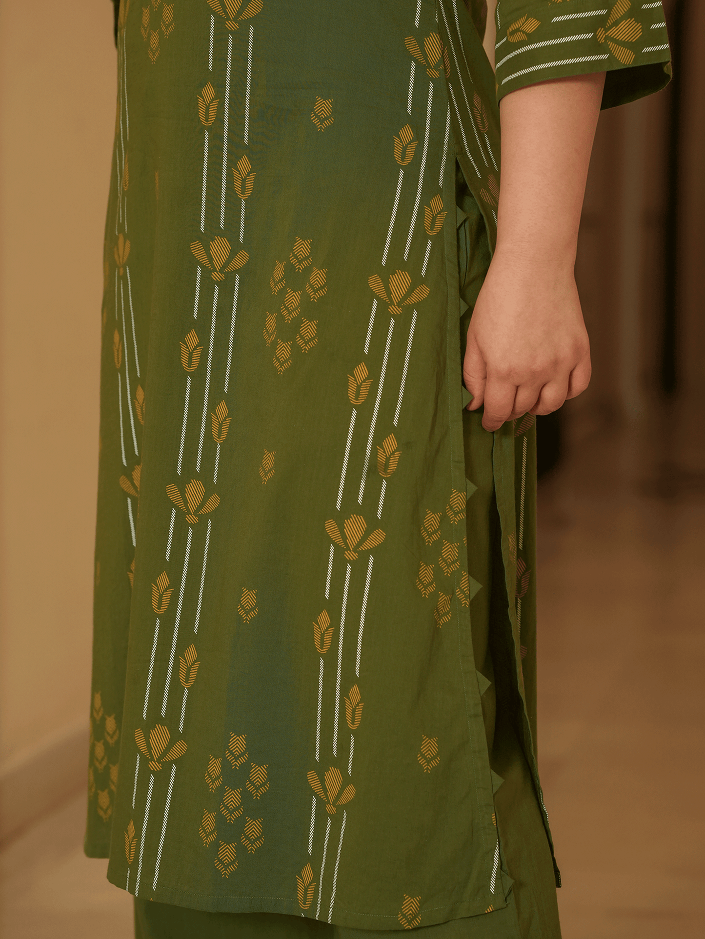 Soft Cotton Geometric A-line Green Kurta