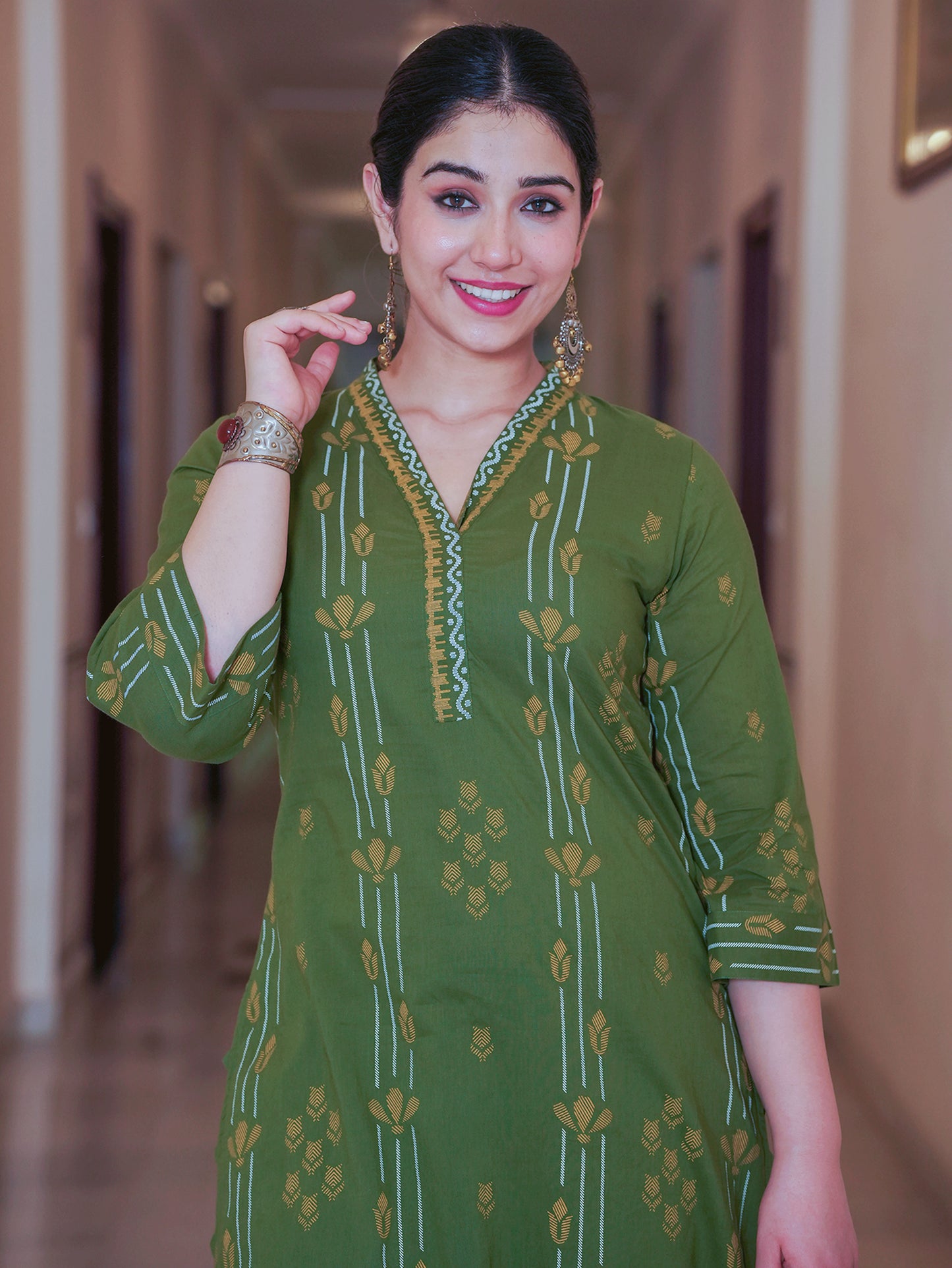 Soft Cotton Geometric A-line Green Kurta