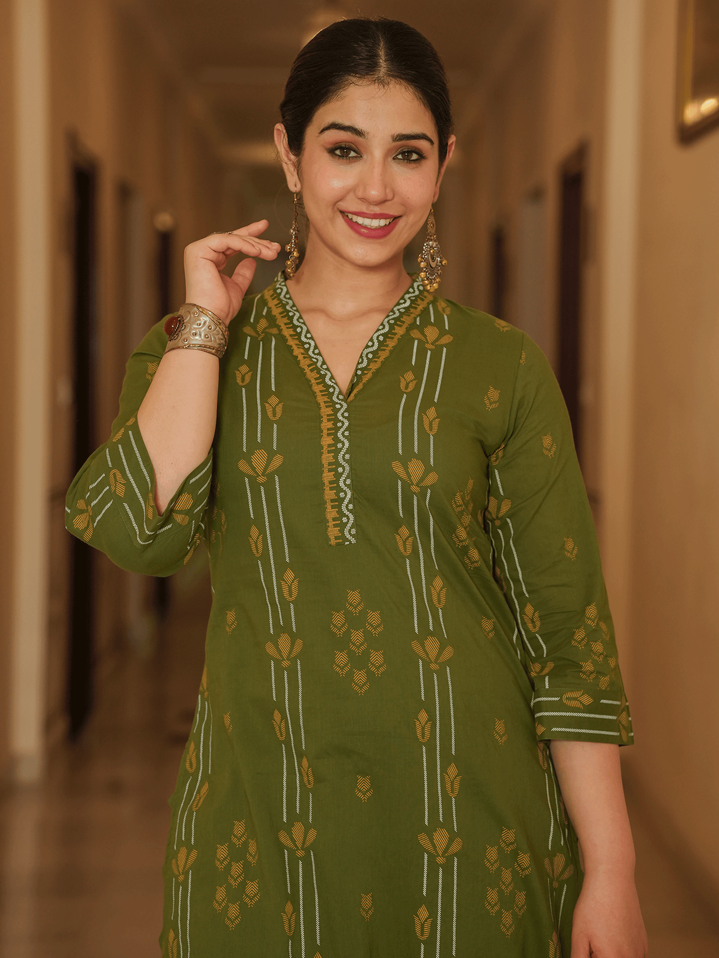 Soft Cotton Geometric A-line Green Kurta