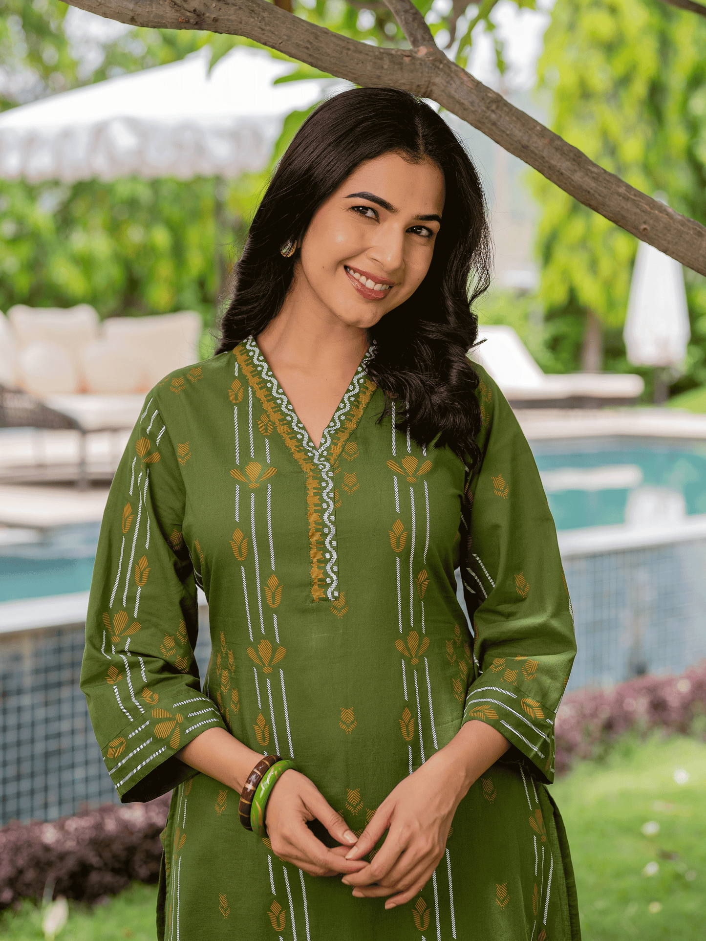 Soft Cotton Geometric A-line Green Kurta