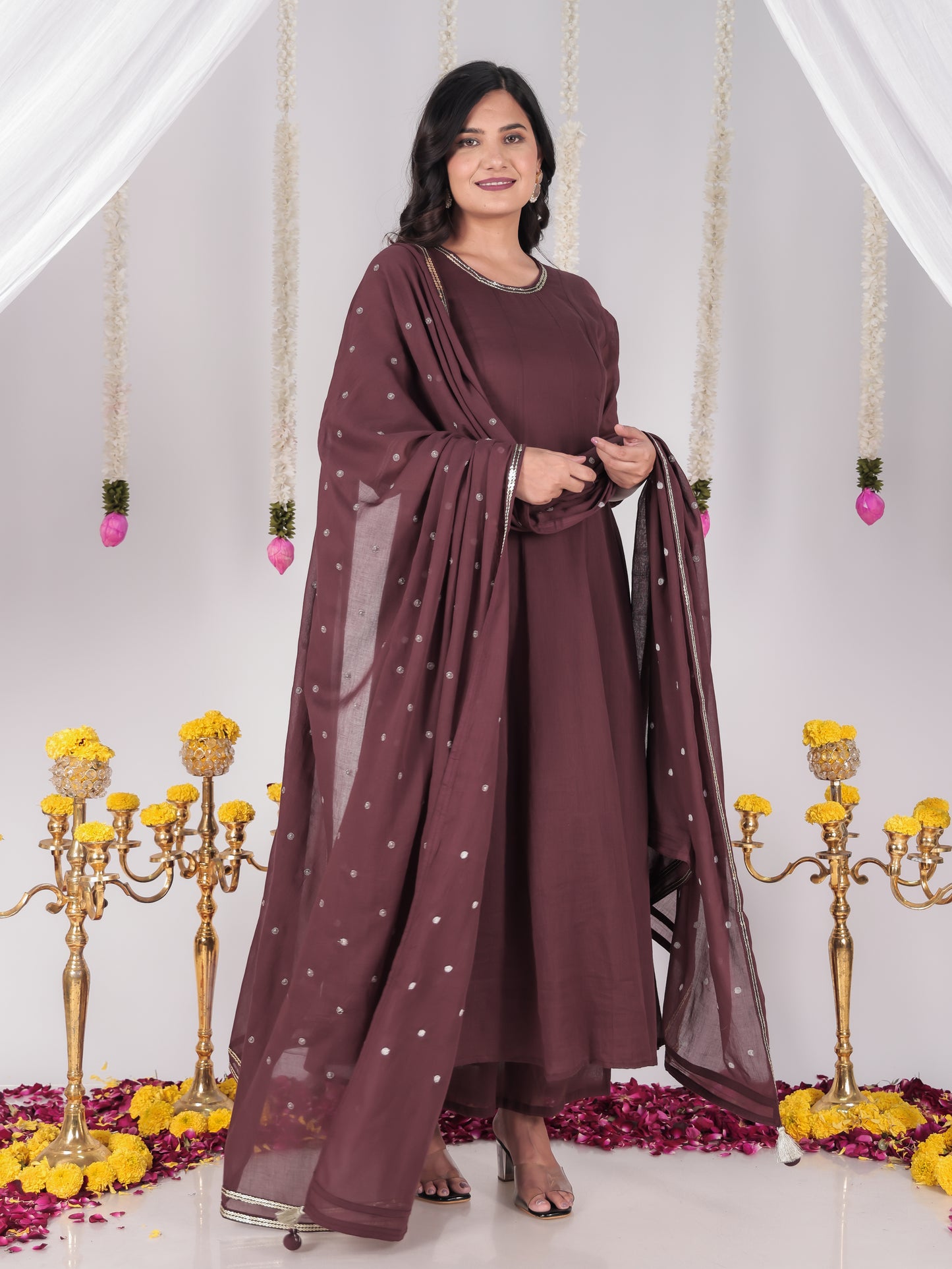 Embroidered Cotton Voile Solid Anarkali Brown Kurta