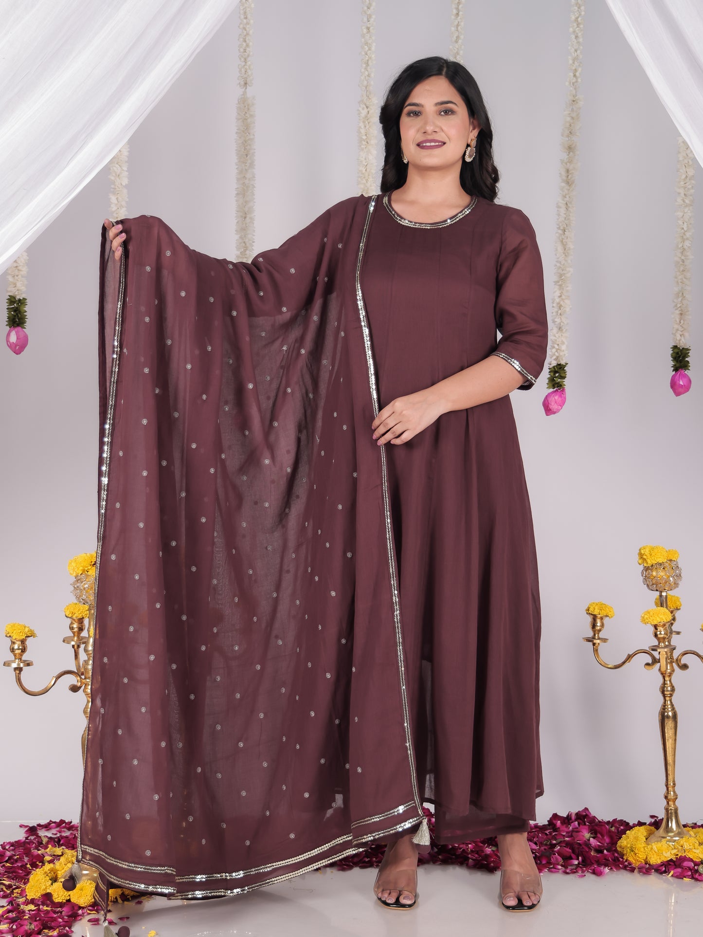 Embroidered Cotton Voile Solid Anarkali Brown Kurta