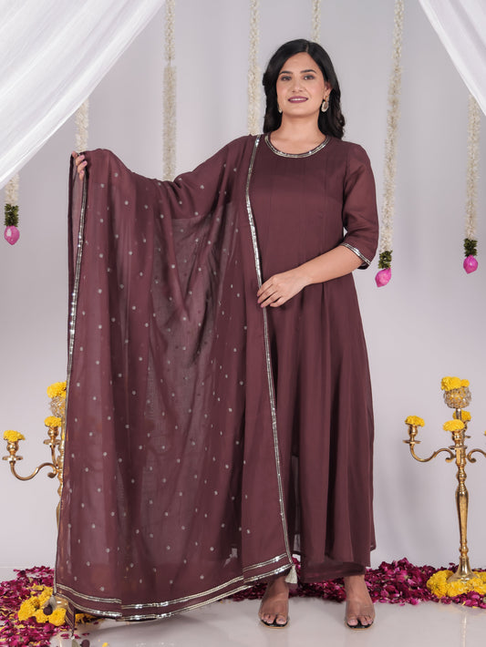 Embroidered Cotton Voile Solid Anarkali Brown Kurta