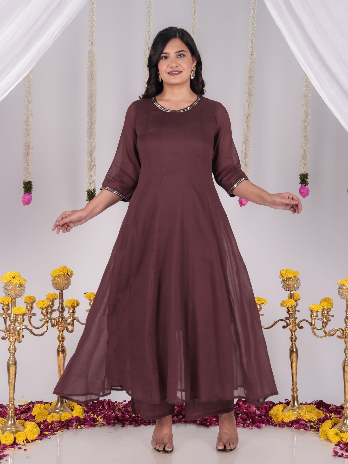 Embroidered Cotton Voile Solid Anarkali Brown Kurta