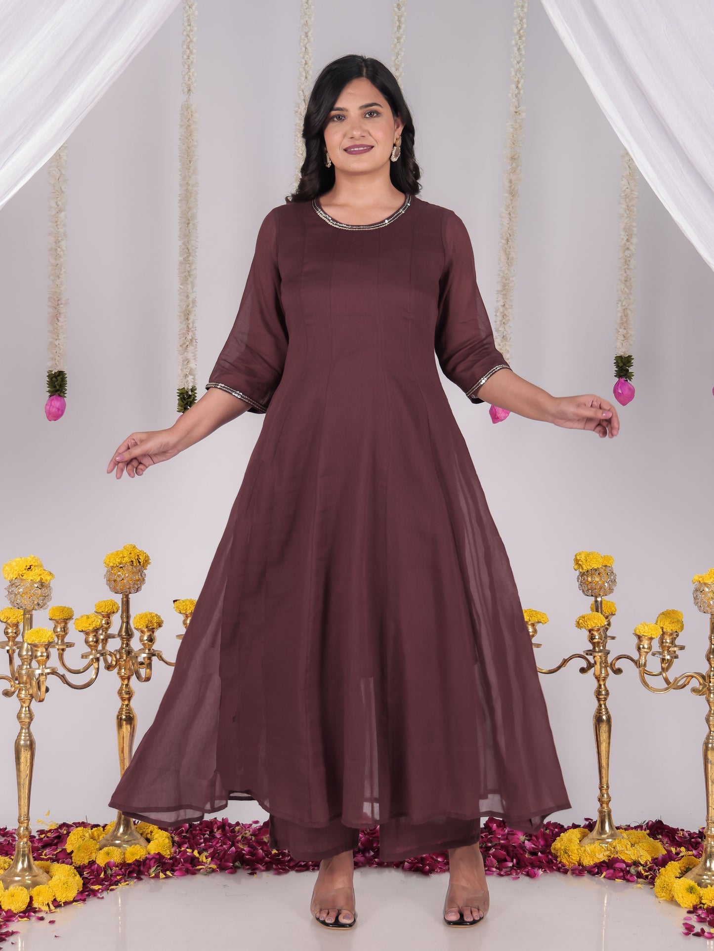 Embroidered Cotton Voile Solid Anarkali Brown Kurta