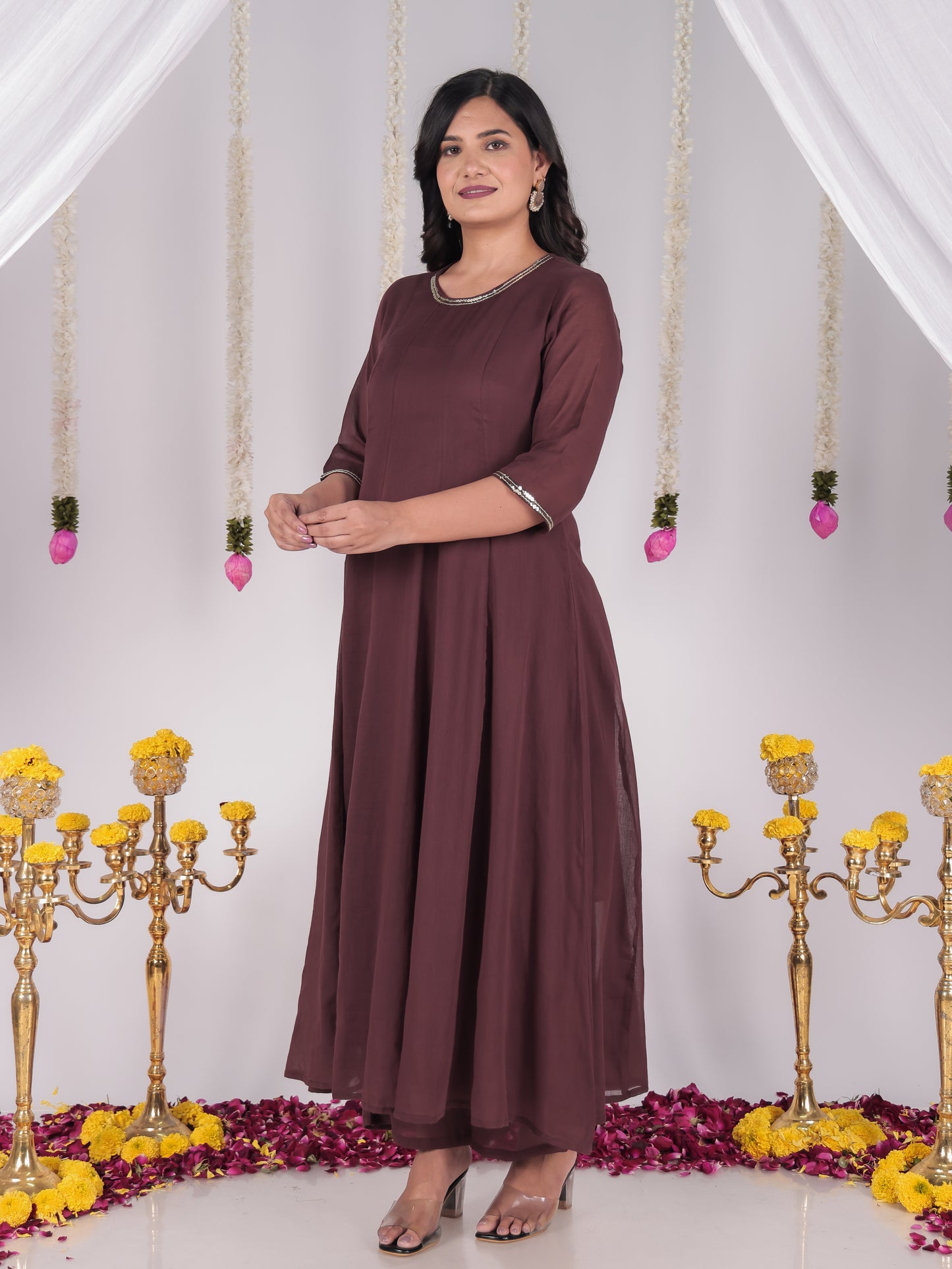 Embroidered Cotton Voile Solid Anarkali Brown Kurta