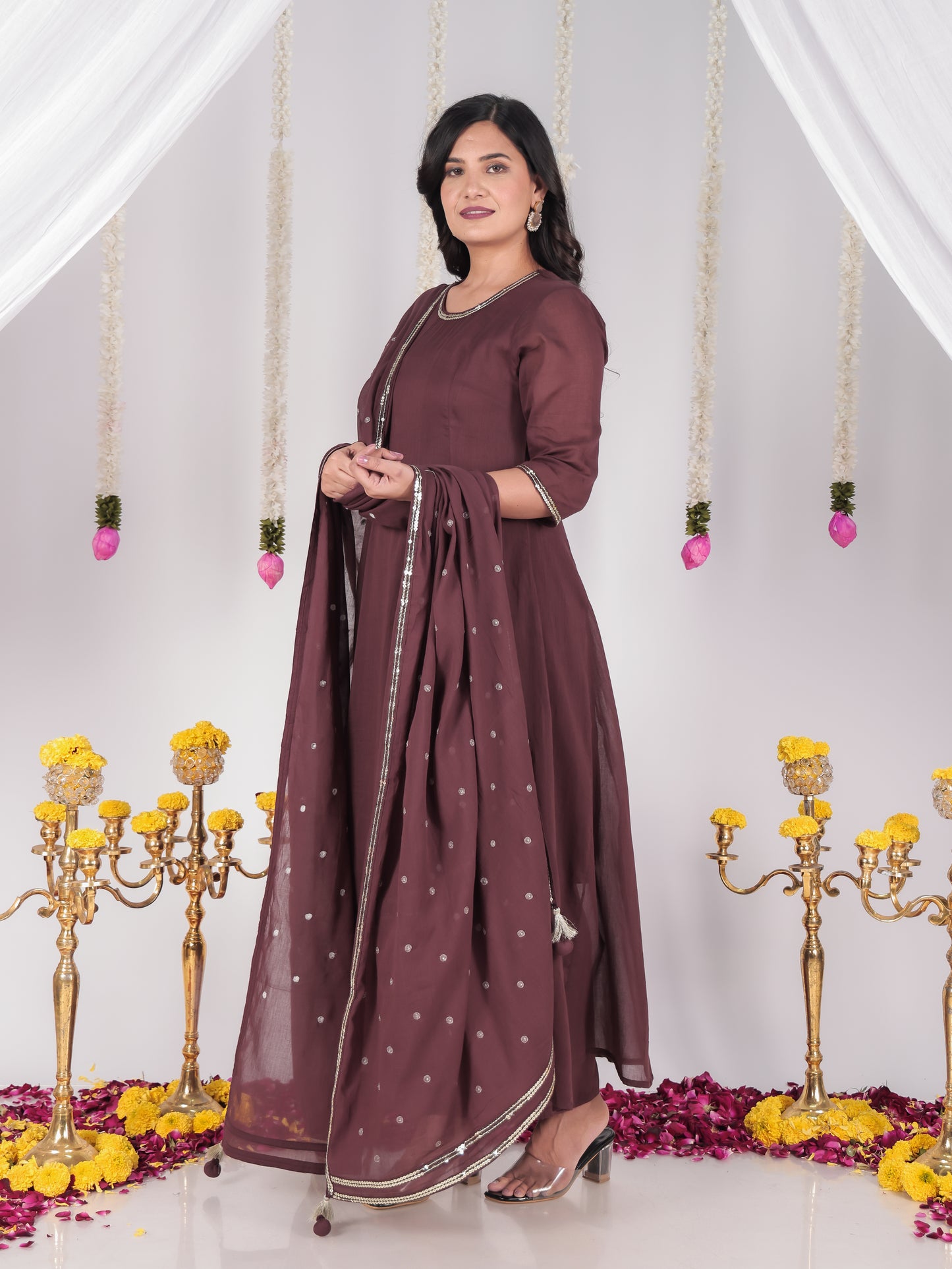 Embroidered Cotton Voile Solid Anarkali Brown Kurta