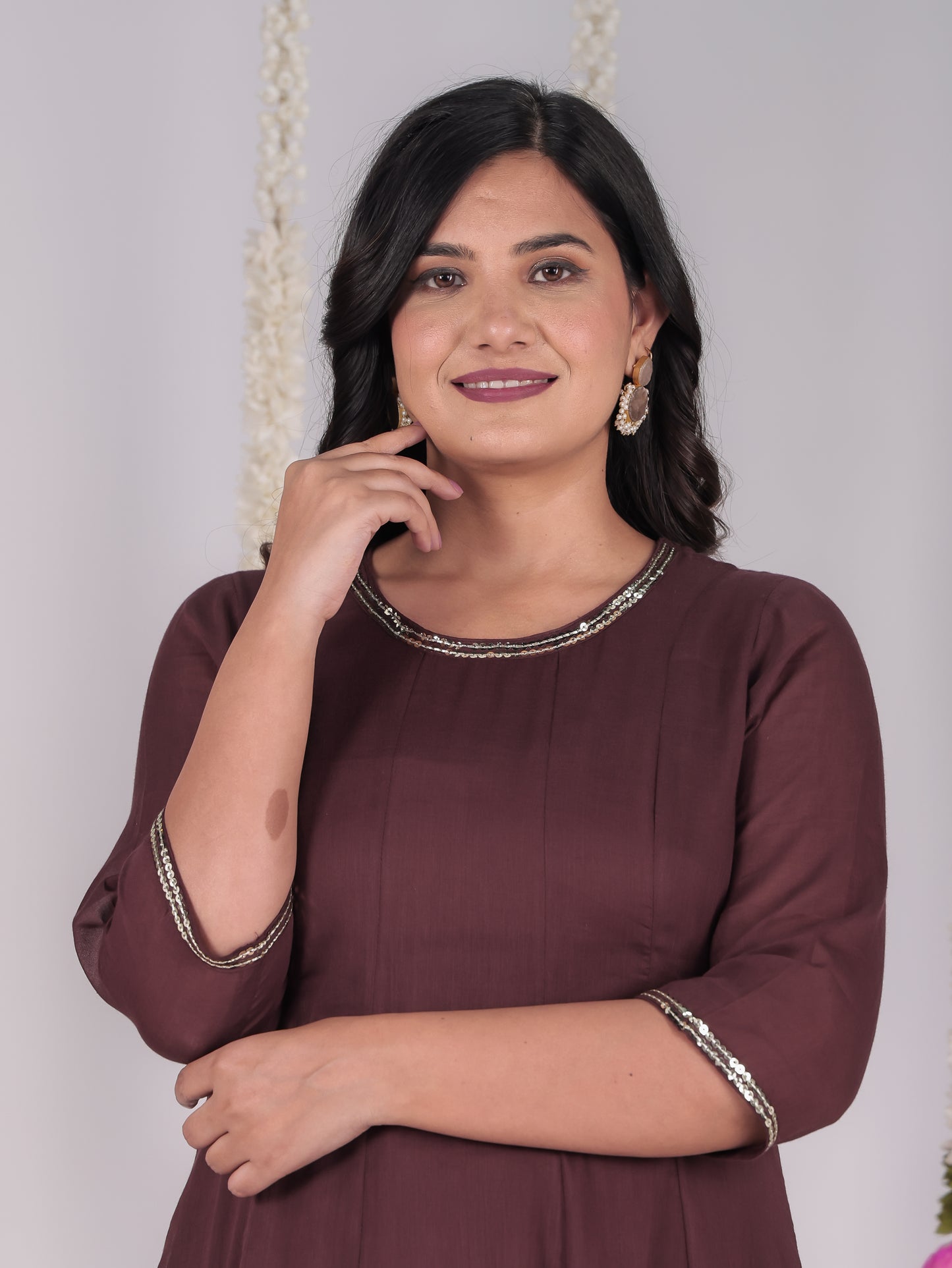 Embroidered Cotton Voile Solid Anarkali Brown Kurta