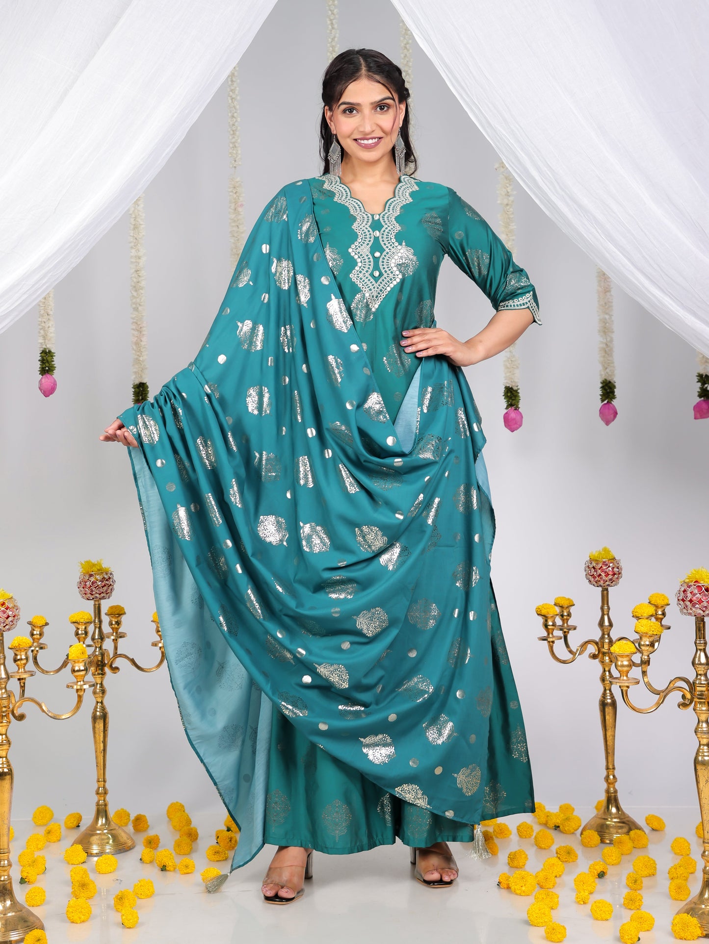Chanderi Gold foil Green Dupatta