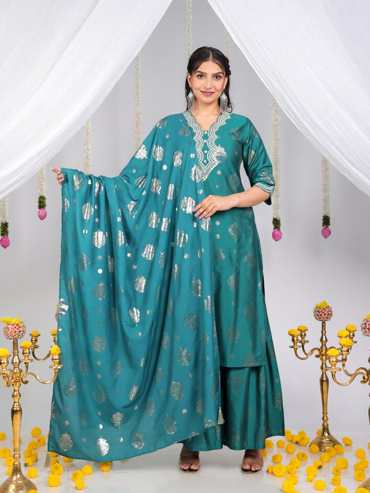 Embroidered Roman silk Gold foil Straight Green Kurta
