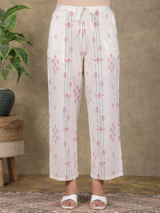 Soft Cotton Floral Off White Straight Trousers