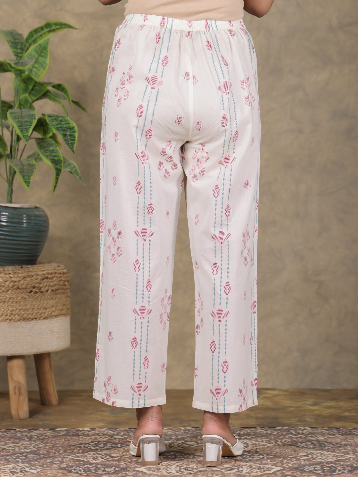 Soft Cotton Floral Off White Straight Trousers