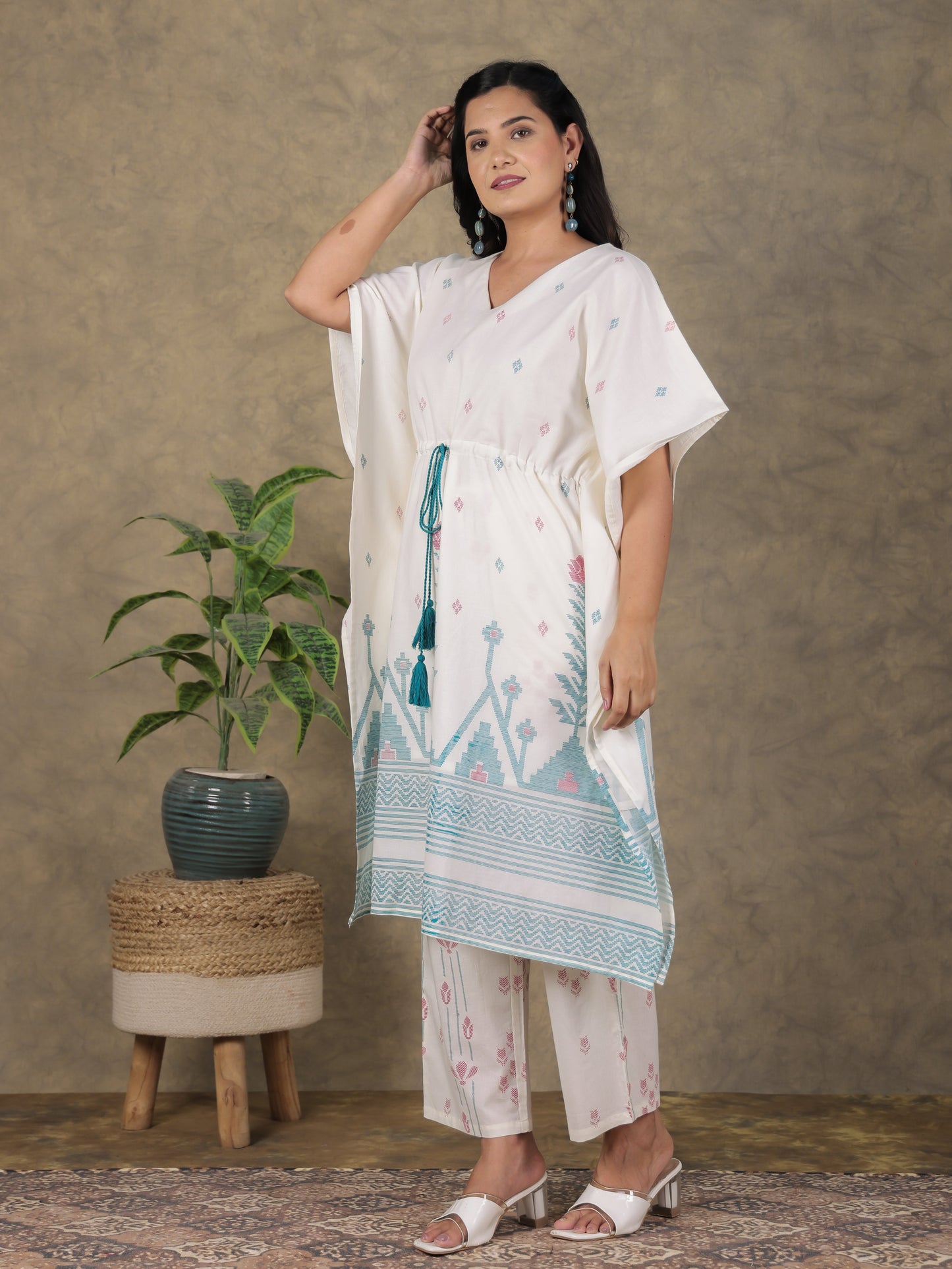 Soft Cotton Geometric Kaftan Off White Kaftan