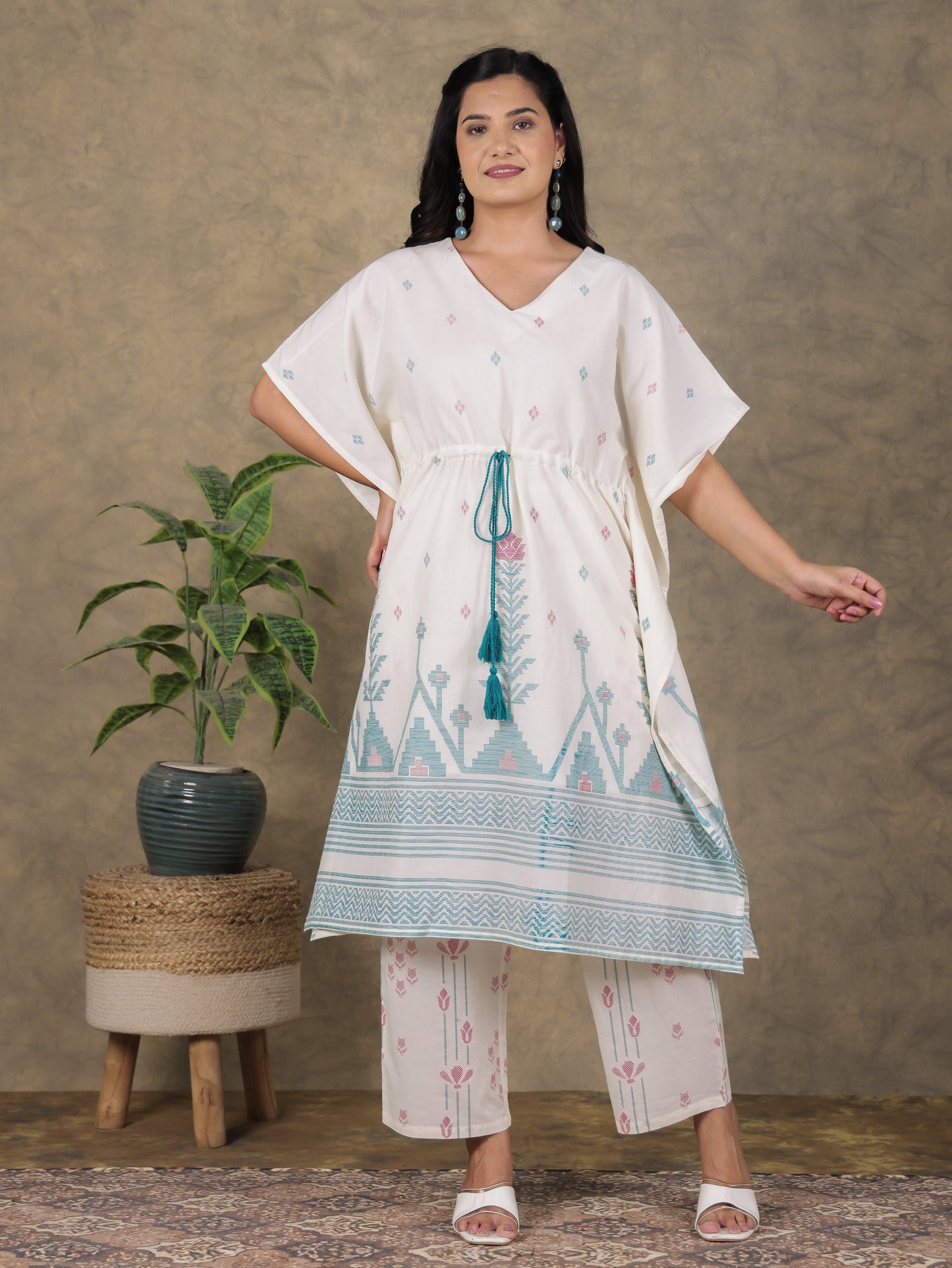 Soft Cotton Geometric Kaftan Off White Kaftan