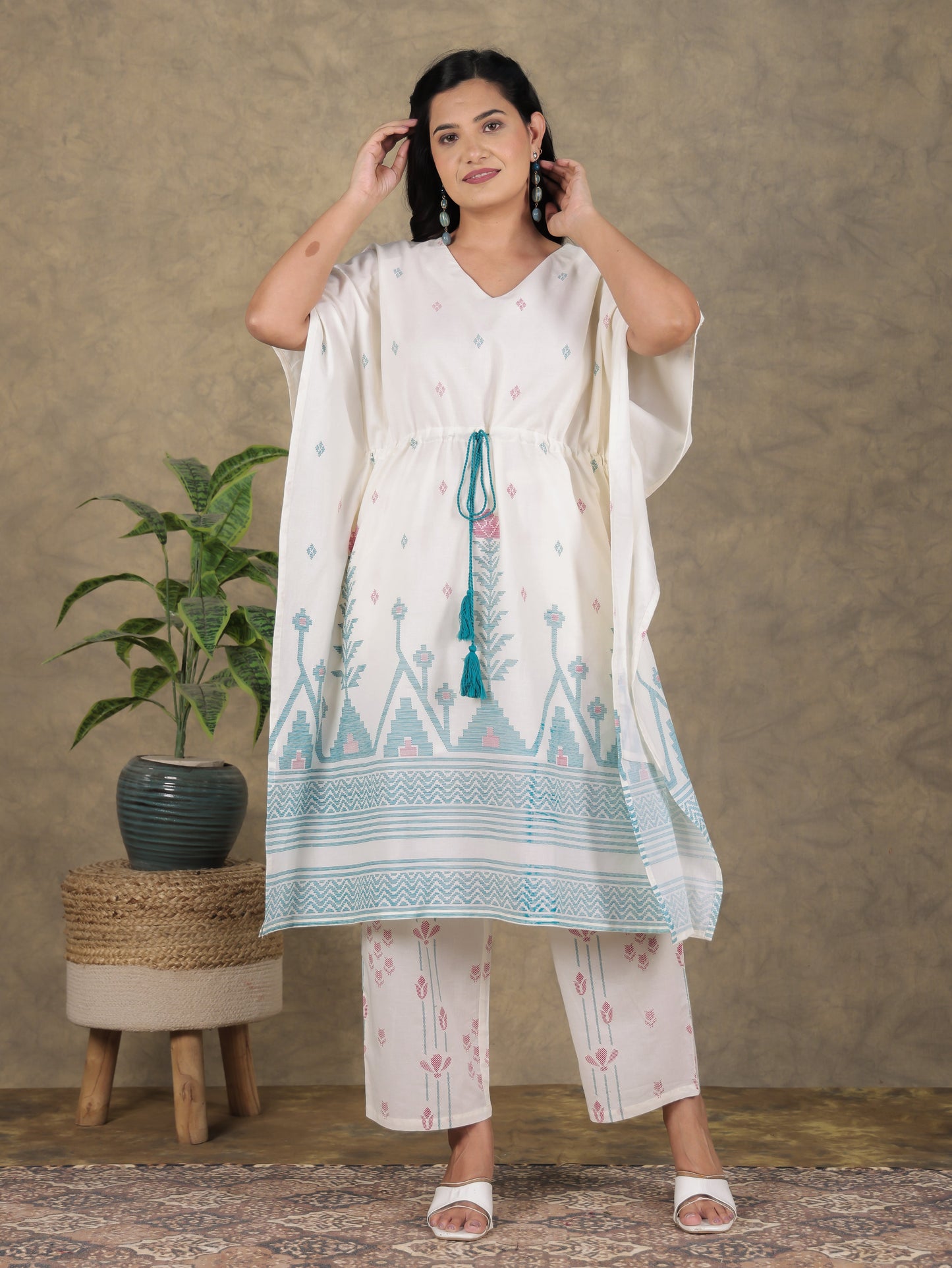 Soft Cotton Geometric Kaftan Off White Kaftan