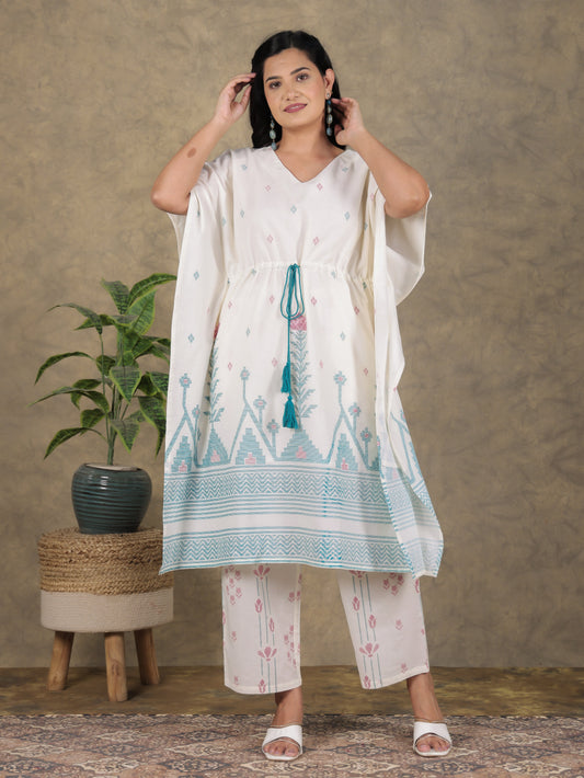 Soft Cotton Geometric Kaftan Off White Kaftan