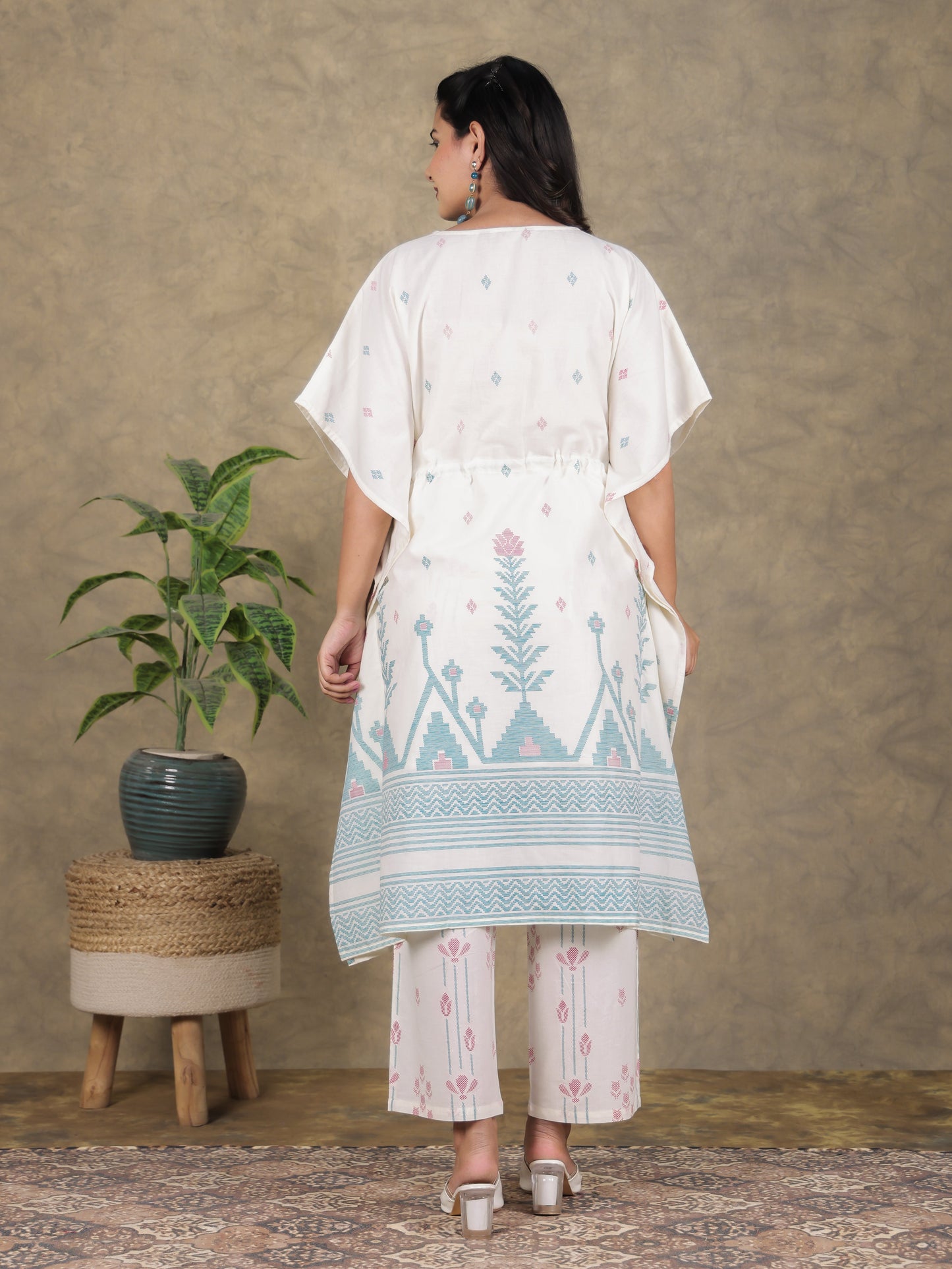 Soft Cotton Geometric Kaftan Off White Kaftan