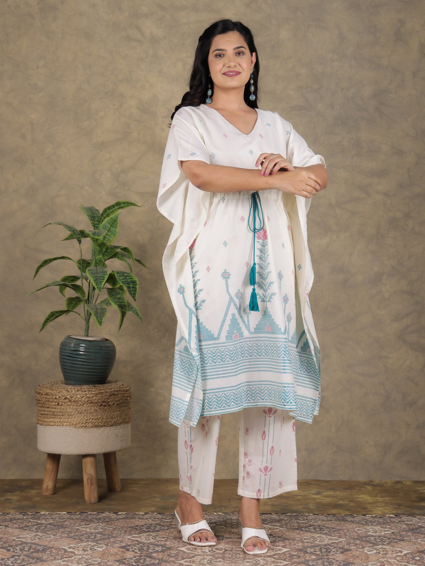Soft Cotton Geometric Kaftan Off White Kaftan