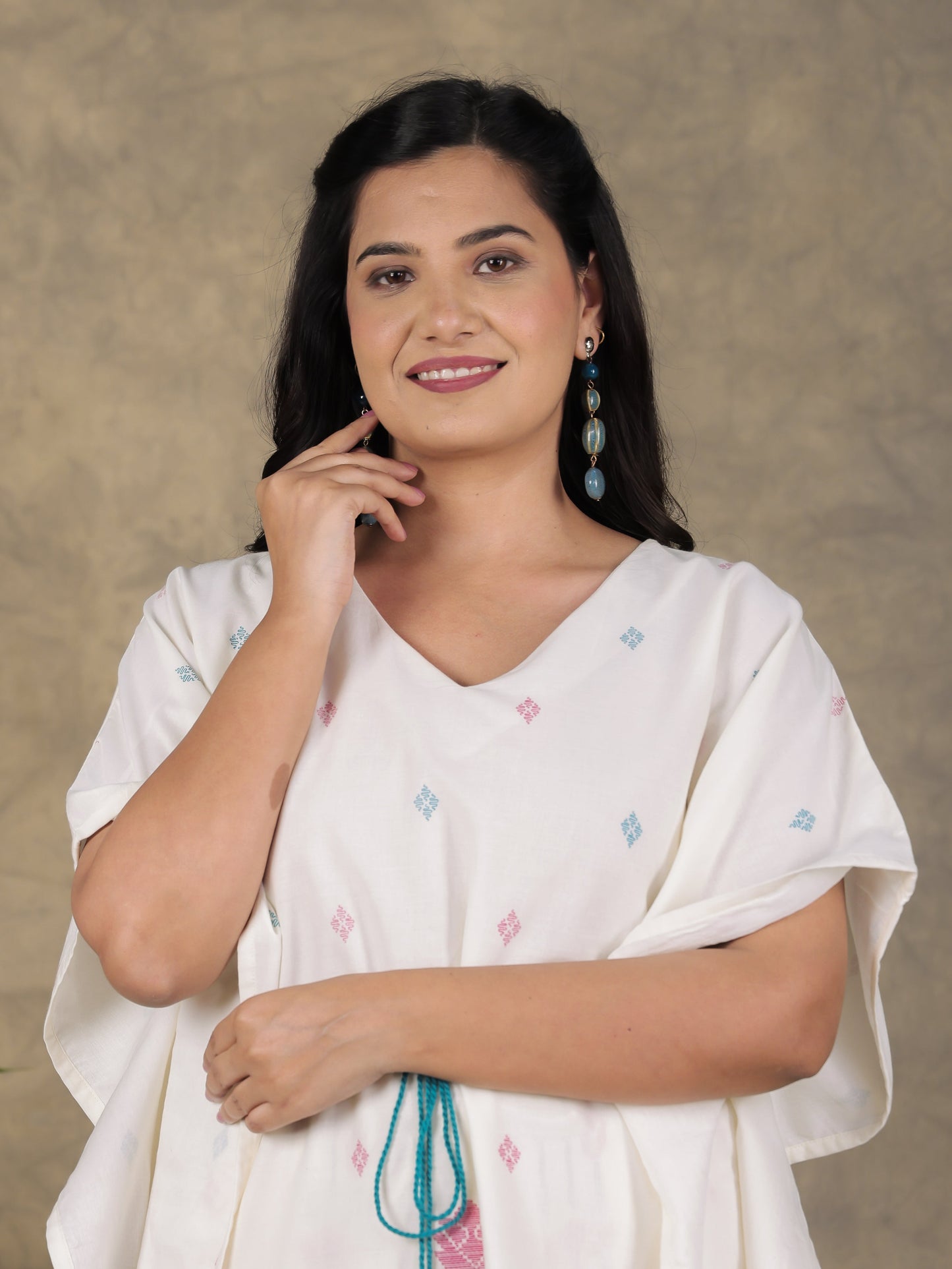 Soft Cotton Geometric Kaftan Off White Kaftan