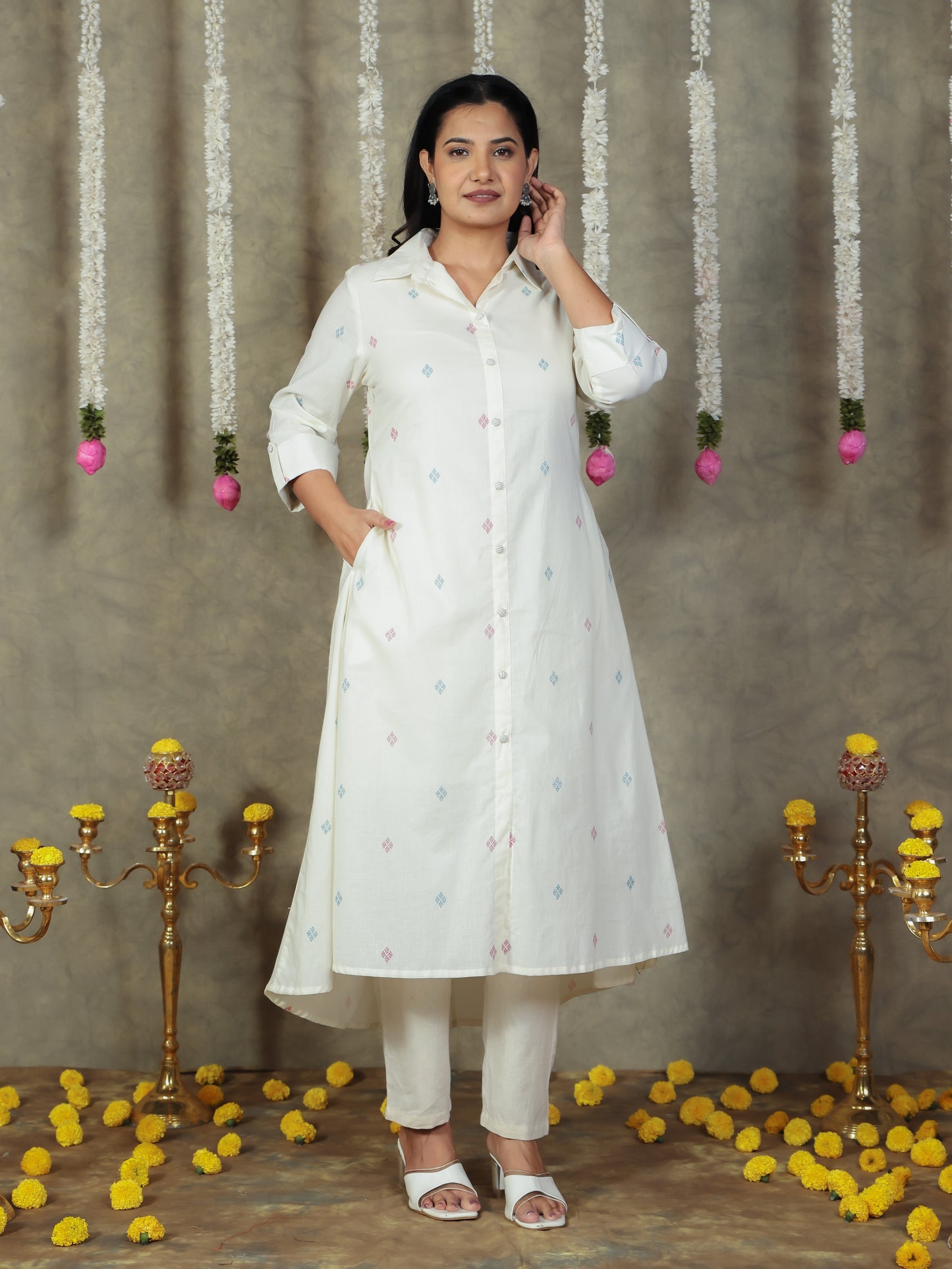 Soft Cotton Geometric Flared Cream Kurta